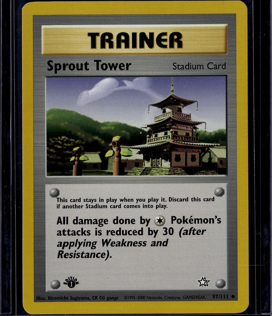 Sprout Tower Trainer Stadium Card Pokemon Neo Gen: This is an authentic Pokemon Trainer card from the Neo Genesis expansion set, released in 2000. Sprout Tower is a Stadium card featuring beautiful artwork of a traditional Asian tower with landscaping