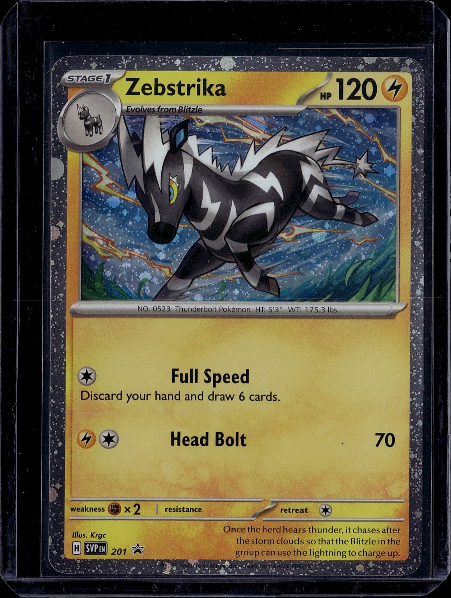 Zebstrika Stage 1 Pokemon Card 120 HP Lightning T: This is a raw Zebstrika Stage 1 Pokemon single card from the Sword & Shield set, featuring card number 0523. The card displays excellent centering and vibrant print quality typical of modern Pokemon T