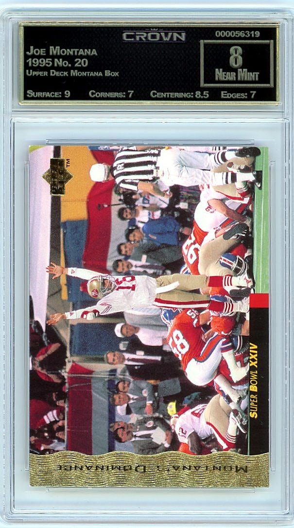 1995 Joe Montana Upper Deck Montana Box #20 Crown: This is a 1995 Joe Montana card from the Upper Deck Montana Box set, card number 20. It's a key piece for any serious Montana collector, capturing one of football's all-time greats during a pivotal er