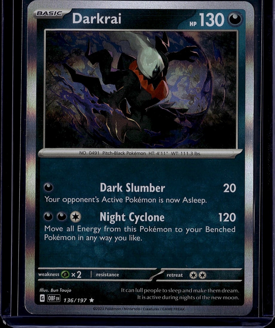 2023 Pokemon Obsidian Flames Darkrai 136/197 Mint: This is a 2023 Pokemon Trading Card Game Darkrai Holo Rare card from the Obsidian Flames set, card number 136/197. The card features stunning artwork by Bun Toujo depicting the Pitch-Black Pokemon in 