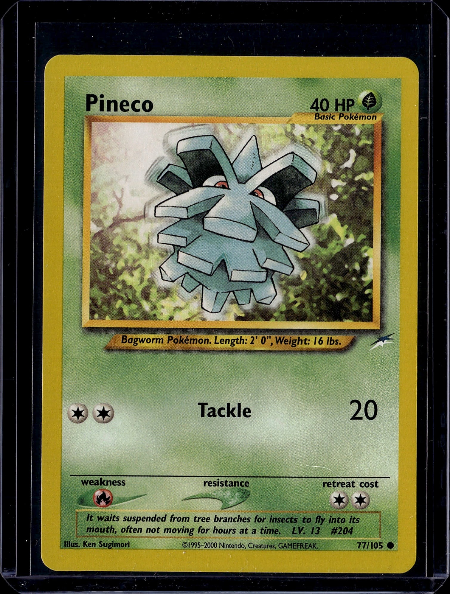 Pineco Base Set Pokemon Card #204 - Vintage 1999: This is a vintage Pineco Pokemon trading card from the original Base Set, published by Nintendo in 1999. Card #204 features the Bagworm Pokemon in excellent detail, showcasing the iconic artwork by Ke