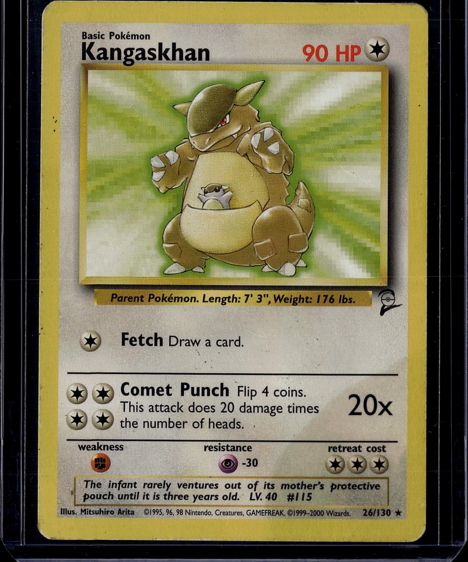 1999 Pokemon Base Set Kangaskhan #26/130 Raw Card: This is an authentic 1999 Pokemon Trading Card Game Base Set Kangaskhan card (#26/130) featuring the iconic Normal-type parent Pokemon. The card displays Kangaskhan with its joey in its protective pou