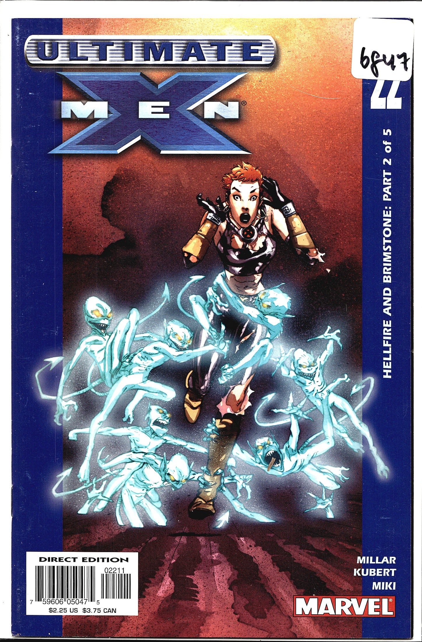 Ultimate X-Men #22 Marvel Comics Hellfire and Bri: Ultimate X-Men #22 published by Marvel Comics, part of the 'Hellfire and Brimstone' story arc (Part 2 of 5). Written by Mark Millar with art by Adam Kubert and inks by Miki. The cover features a red-h
