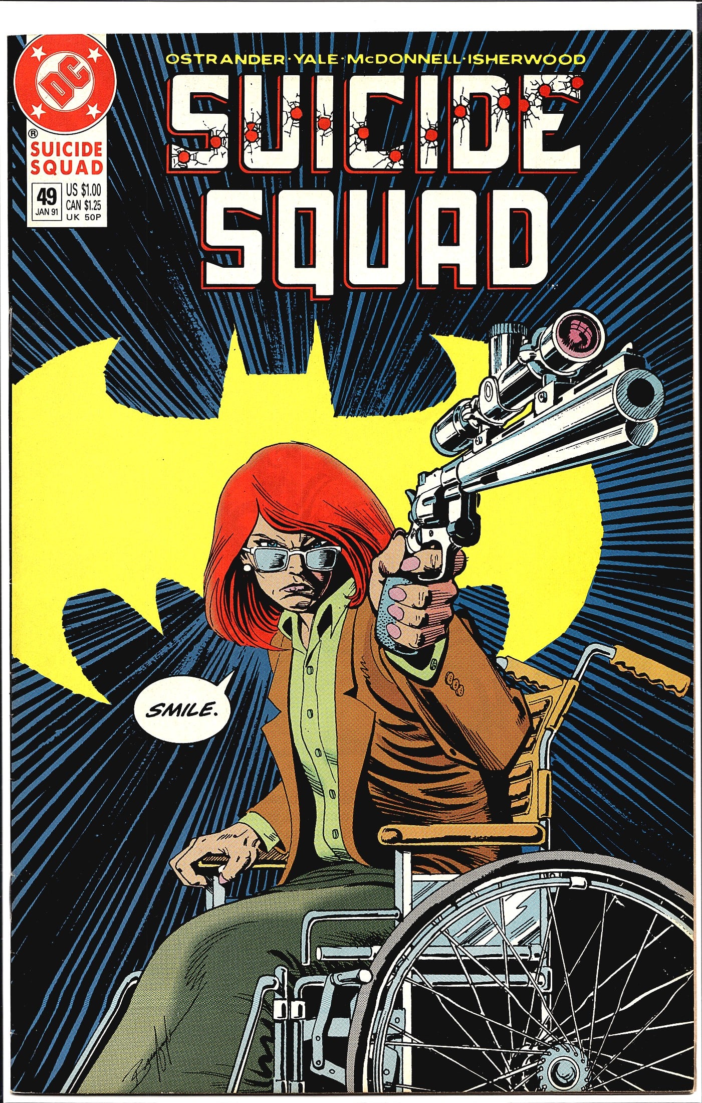 1990 DC Suicide Squad #49 Oracle Origin Story Key: Suicide Squad #49 published by DC Comics, cover dated January 1991. This issue features cover art by McDonnell showing a red-haired woman in a wheelchair aiming a large revolver directly at the viewer