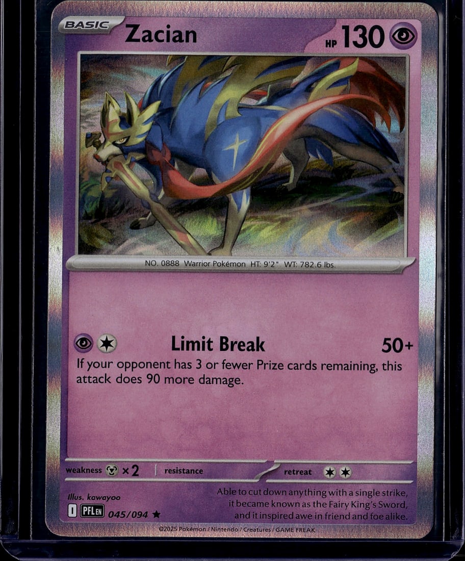 2025 Pokemon Mega Evolution Phantasmal Flames ME0: Zacian 045/094 is a Basic Psychic-type card from the Pokemon TCG Mega Evolution: Phantasmal Flames (ME02) set, released in November 2025. It has 130 HP and features the attack Limit Break (50+), which