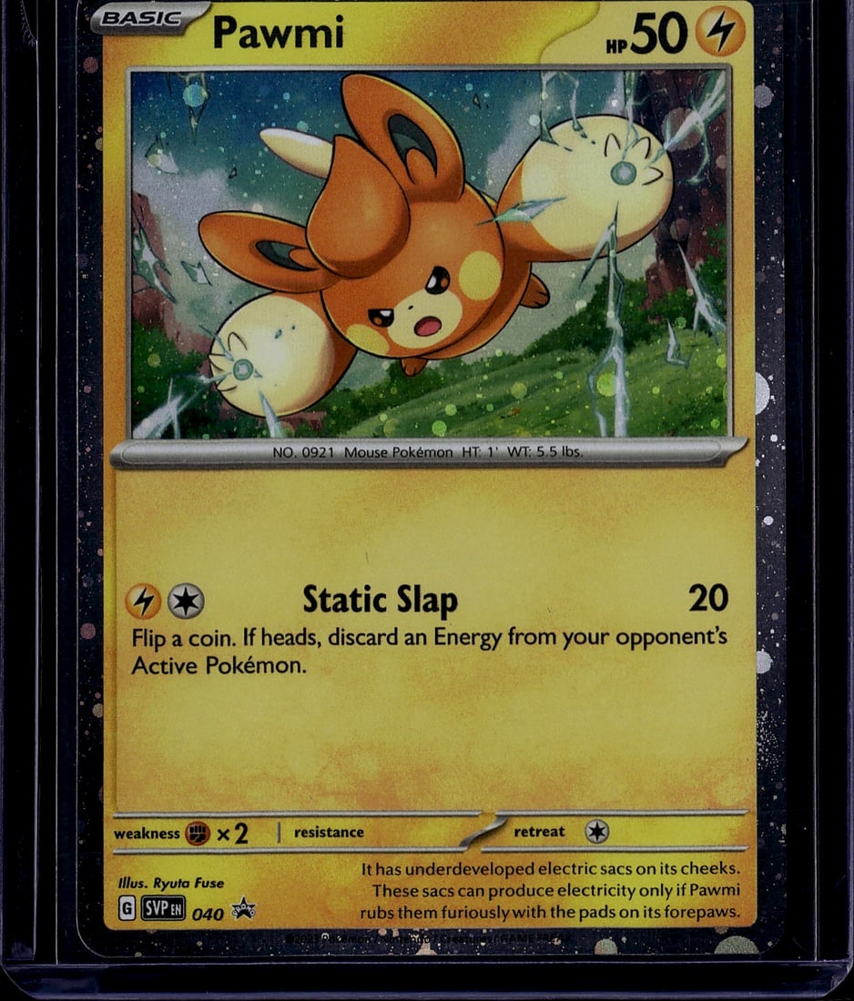 Pawmi Basic Pokemon Card 040 Scarlet & Violet Ele: This is a raw Pawmi Basic Pokemon card from the Scarlet & Violet set, card number 040. Pawmi is a yellow and orange electric-type mouse Pokemon with 50 HP featuring the Static Slap attack. The card di