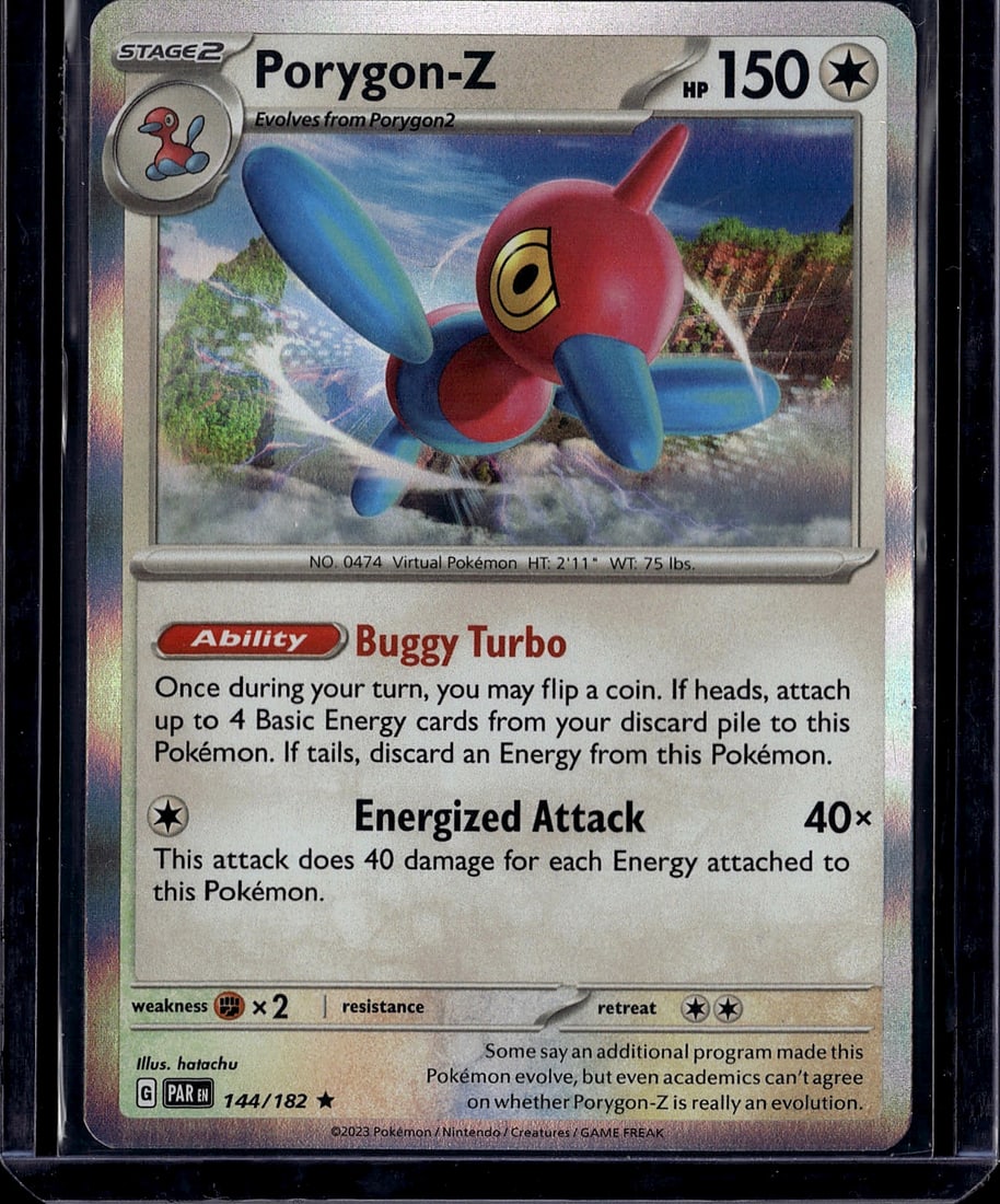 Porygon-Z 144/182 Scarlet & Violet Pokemon Card S: This is a raw Pokemon trading card single featuring Porygon-Z from the Scarlet & Violet set (card #144/182). Porygon-Z is a Stage 2 evolution with 150 HP, featuring the Buggy Turbo ability and Energiz