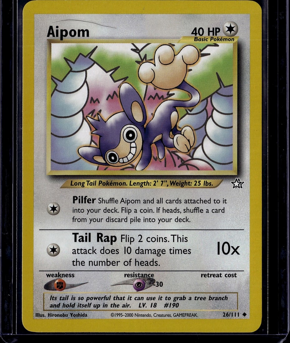 Aipom 26/111 Pokemon Base Set Card 1999 Nintendo: This is an authentic Aipom Pokemon Trading Card from the original 1999 Base Set, produced by Nintendo. Card number 26/111, this Basic Pokemon features the iconic Long Tail Pokemon artwork by illustrat