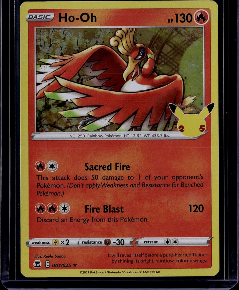 2021 Pokemon Celebrations Ho-Oh 001/025: Ho-Oh 001/025 is a Holo Rare card from the Pokemon TCG: Celebrations expansion, released October 8, 2021 to commemorate the 25th anniversary of the Pokemon TCG. It is a Basic Fire-type Pokemon with 13