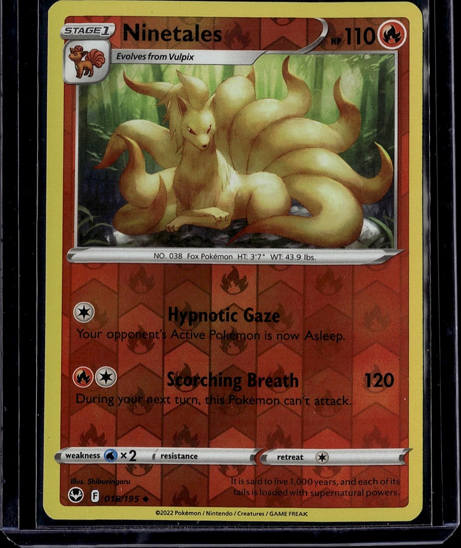 Ninetales 038/195 Scarlet & Violet Pokemon Card -: This is a raw Ninetales Stage 1 Pokemon card from the 2022 Scarlet & Violet set, card number 038/195. Ninetales is a Fire-type evolution of Vulpix with 110 HP. The card features excellent artwork by S