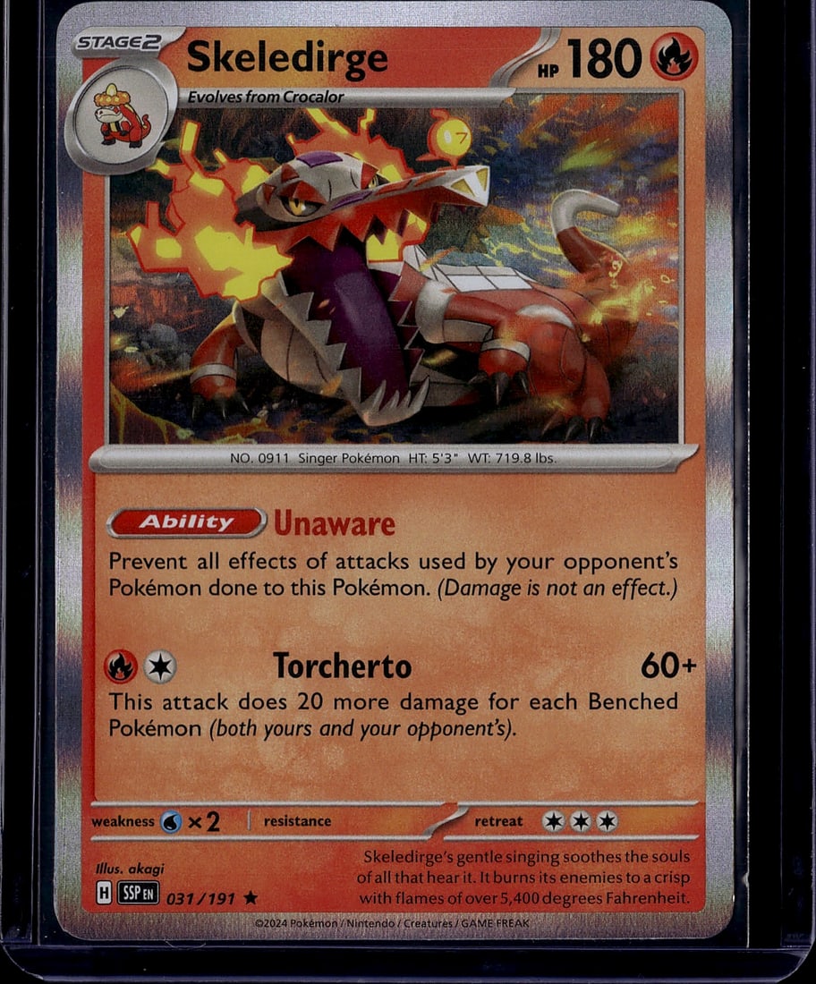 Skeledirge 031/191 Stage 2 Fire Pokemon Scarlet &: This is a raw Skeledirge Pokemon trading card from The Pokemon Company's Scarlet & Violet expansion set. Card number 031/191 features the Stage 2 Fire-type Singer Pokemon with 180 HP. The card showcas