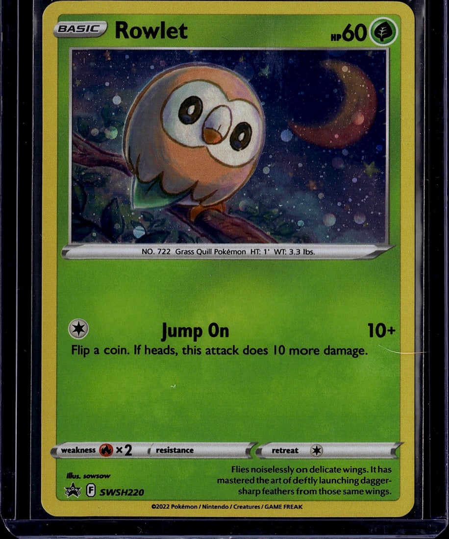 2022 Pokemon Sword & Shield Astral Radiance Rowle: Rowlet is a Basic, Grass-type Common card from the Sword & Shield: Astral Radiance set, released May 27, 2022. It carries 60 HP and is the unevolved form of Dartrix and Decidueye. Card number 722 in t