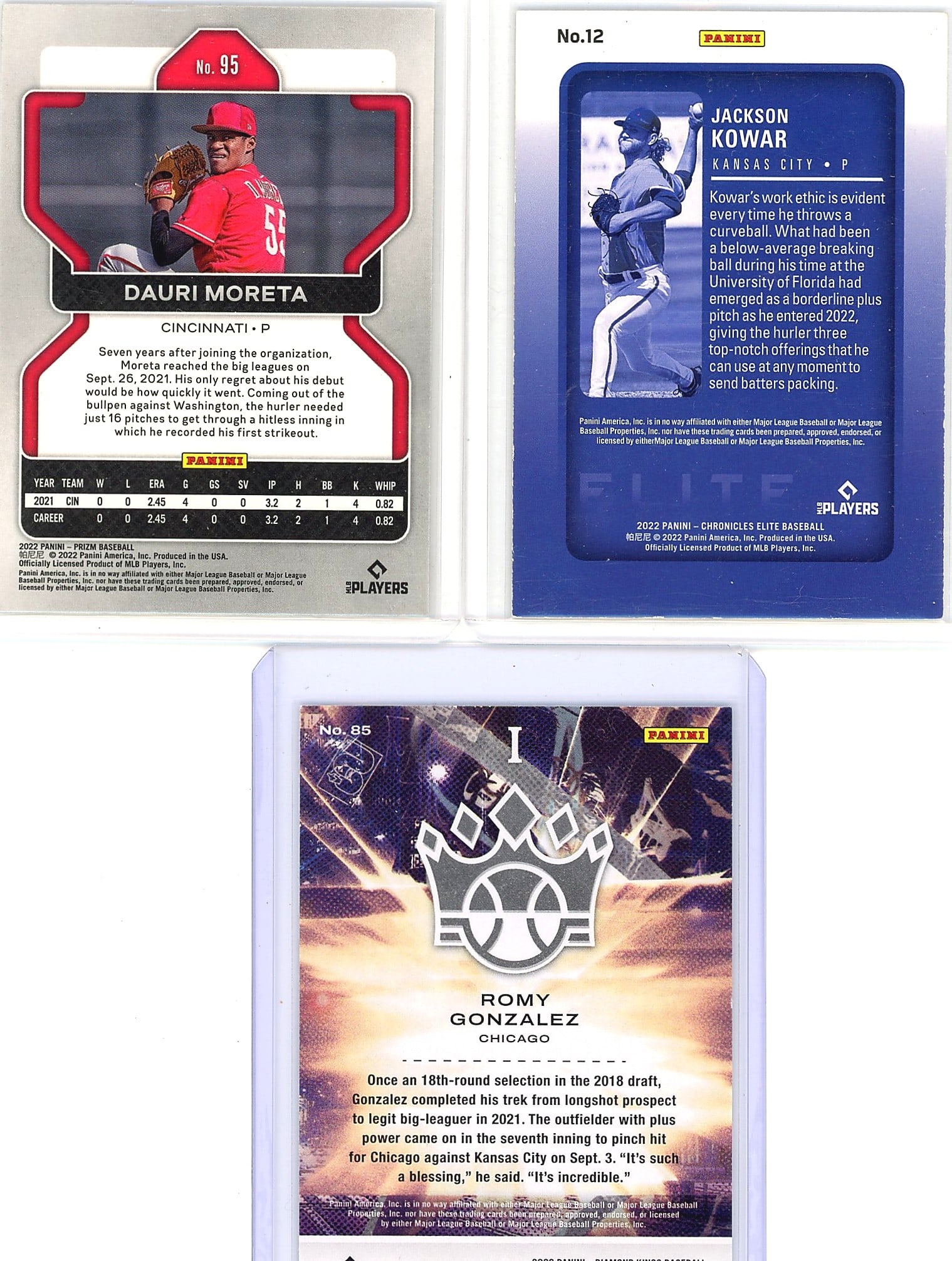 2022 Panini Prizm Baseball #95 Dauri Moreta Near: Lot of 3 raw baseball cards from 2021-2022 Panini releases featuring Dauri Moreta (Cincinnati, #95 Prizm), Jackson Kowar (Kansas City, #12 Chronicles Elite), and Romy Gonzalez (Chicago, #85 Chronicles