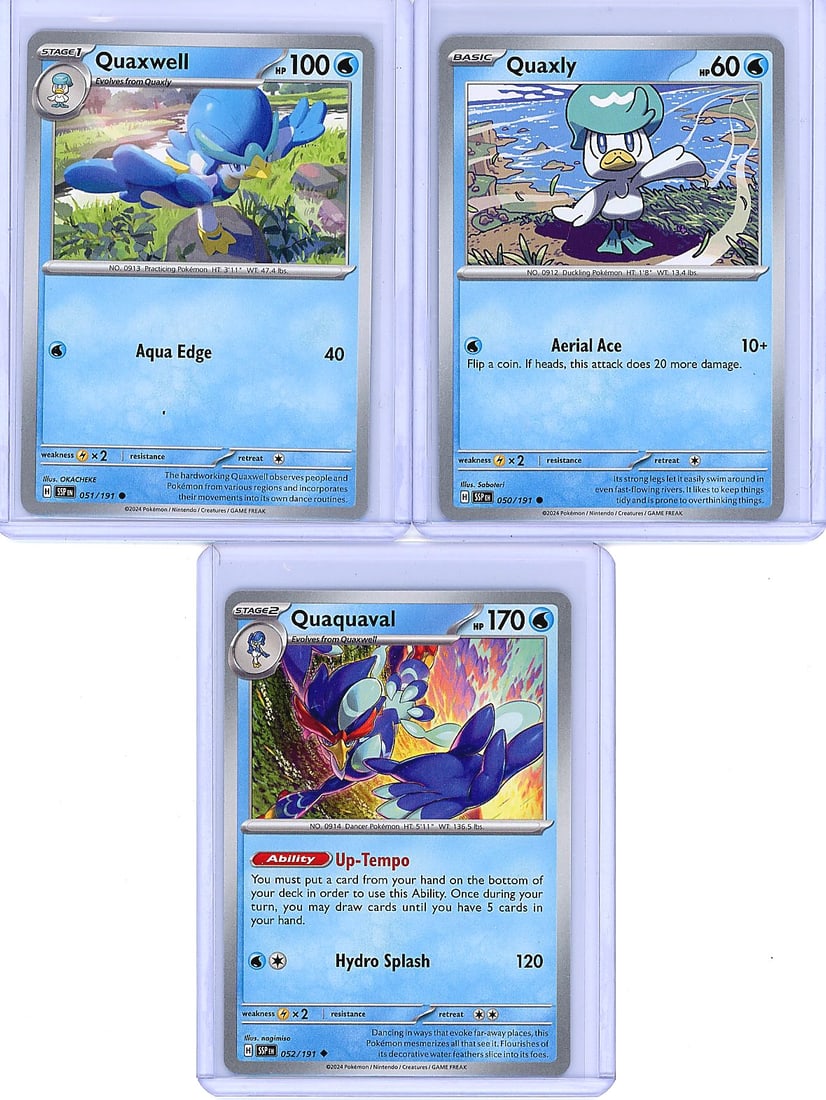 3x Pokemon Raw Singles Lot - Quaxwell, Quaxly, Qu: This lot contains three raw Pokemon cards from the Scarlet & Violet set featuring the Quaxly evolution line: Quaxwell (Stage 1, HP 100, #051/191), Quaxly (Basic, HP 60, #050/191), and Quaquaval (Stage