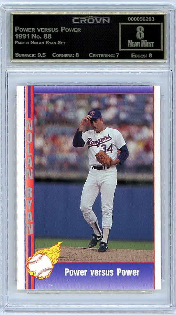 1991 Pacific Nolan Ryan Set #88 Power versus Powe: This is a 1991 Pacific Nolan Ryan Set card #88 titled 'Power versus Power.' It's a vintage trading card from the early 1990s Pacific release dedicated to baseball legend Nolan Ryan, capturing a signif