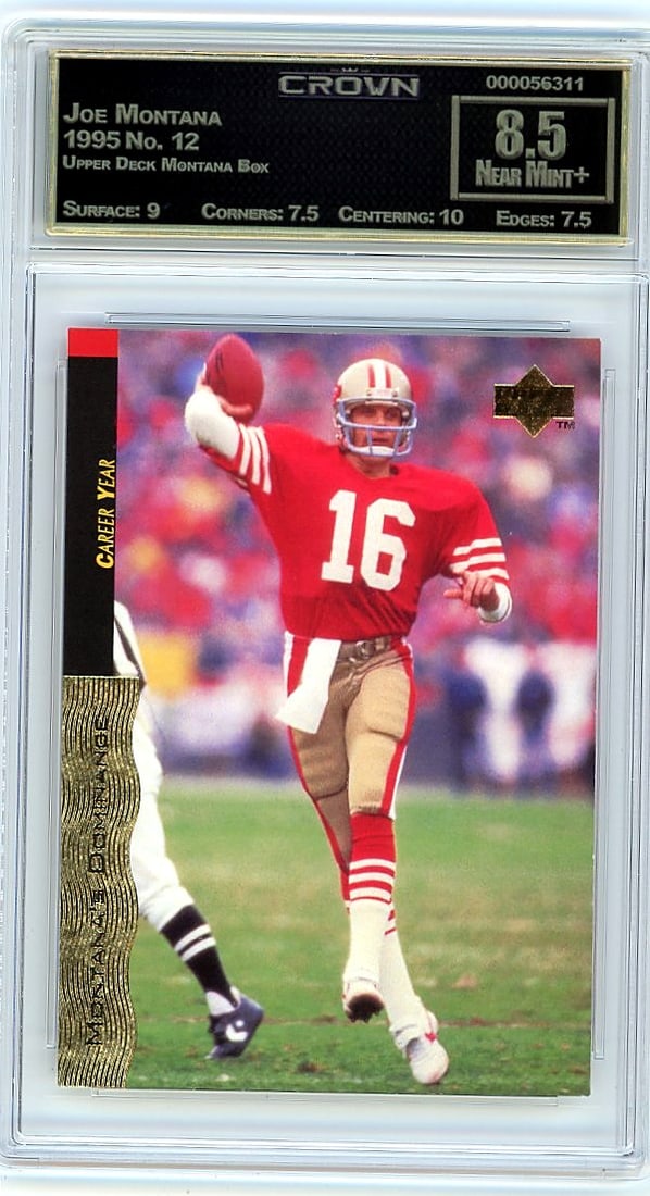 1995 Joe Montana Upper Deck Montana Box #12 Crown: This is a 1995 Joe Montana card from the Upper Deck Montana Box set, card number 12. It's a professionally graded example of a classic Montana collectible from the mid-1990s, when interest in Montana 