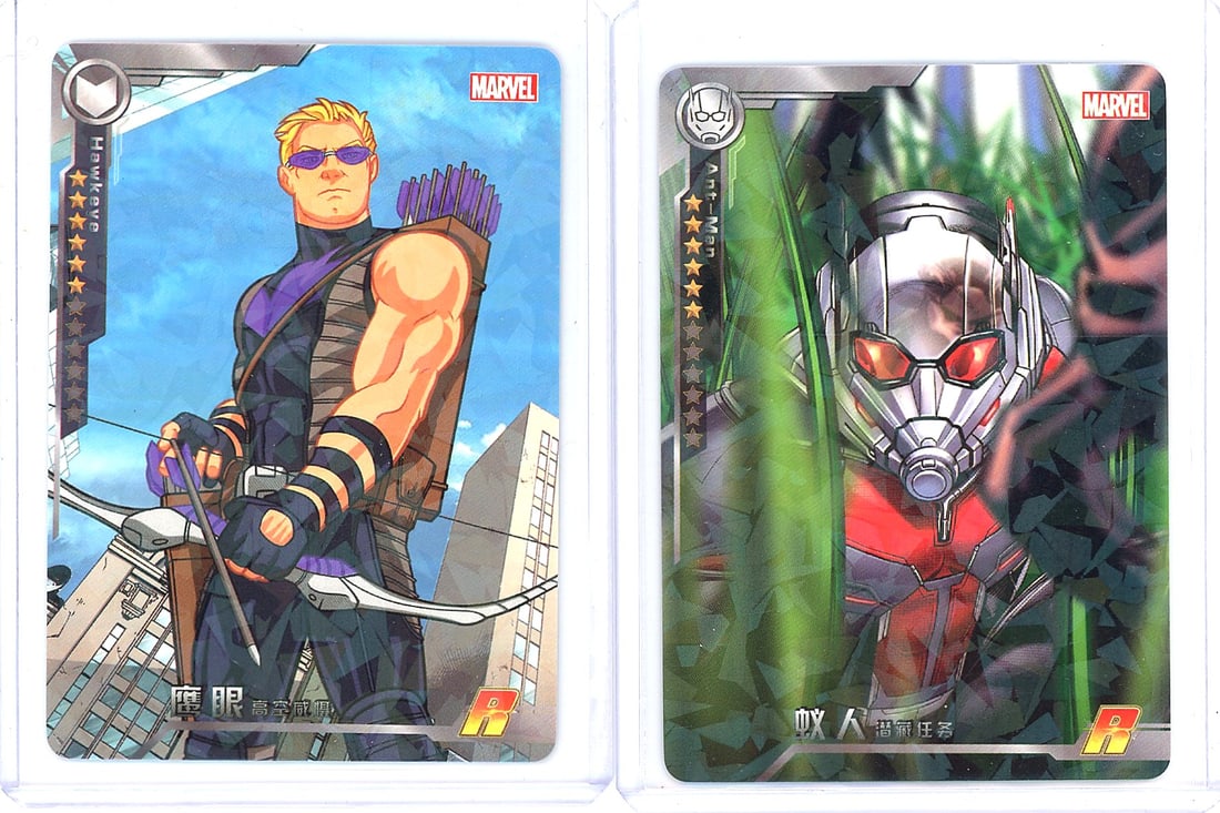 2022 Camon Marvel Avengers Battle of Vengeance Ha: This lot includes two Marvel trading cards featuring Hawkeye and Ant-Man, both carrying an R (Rare) rarity designation. The Hawkeye card showcases anime-style artwork of the archer with his bow and