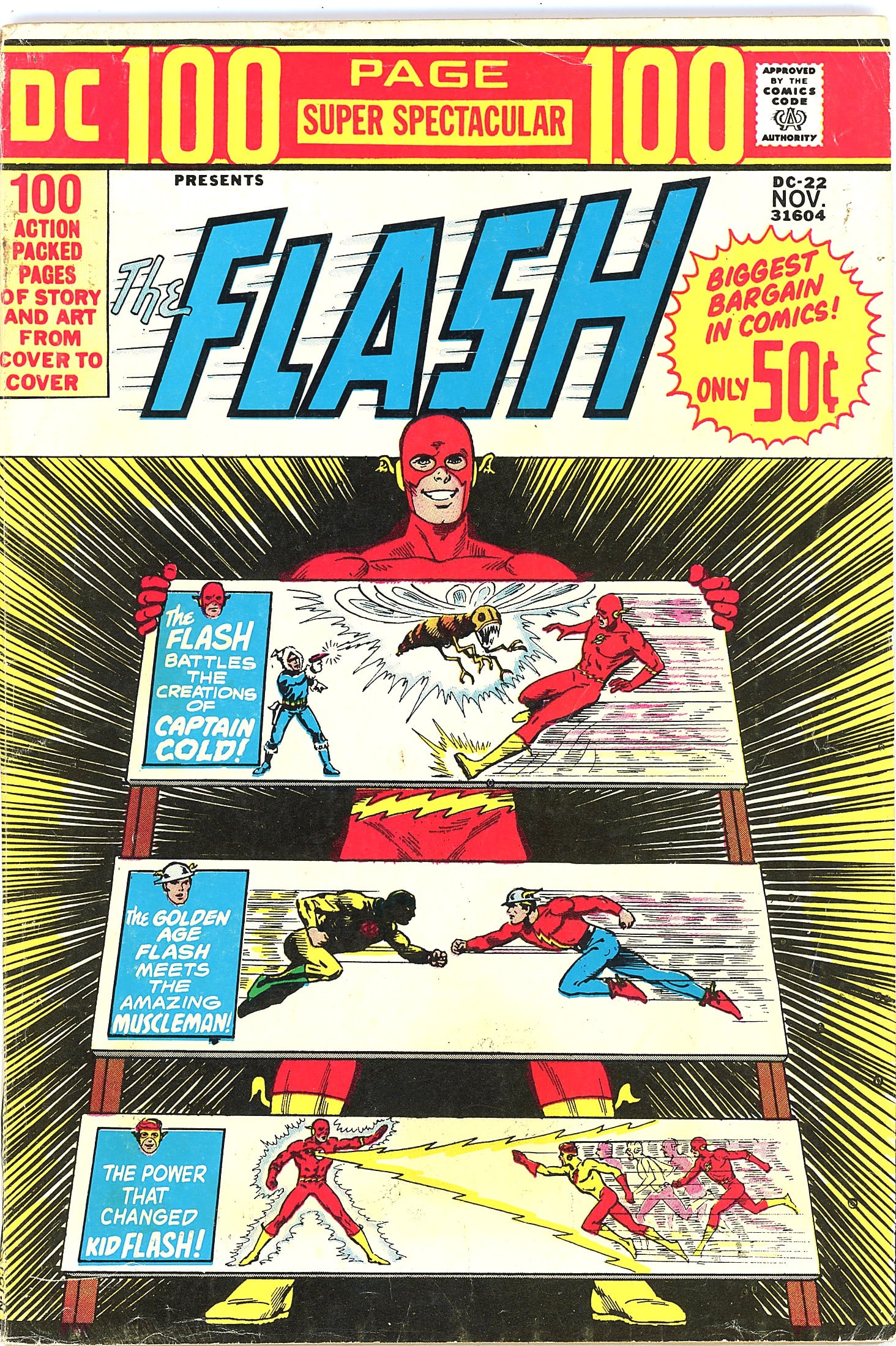 1973 DC Comics 100 Page Super Spectacular #22 The: This is DC Comics' 100 Page Super Spectacular #DC-22, featuring The Flash, published in November 1973 (issue code 31604). Priced at 50 cents upon release, this oversized anthology issue delivers 100 a