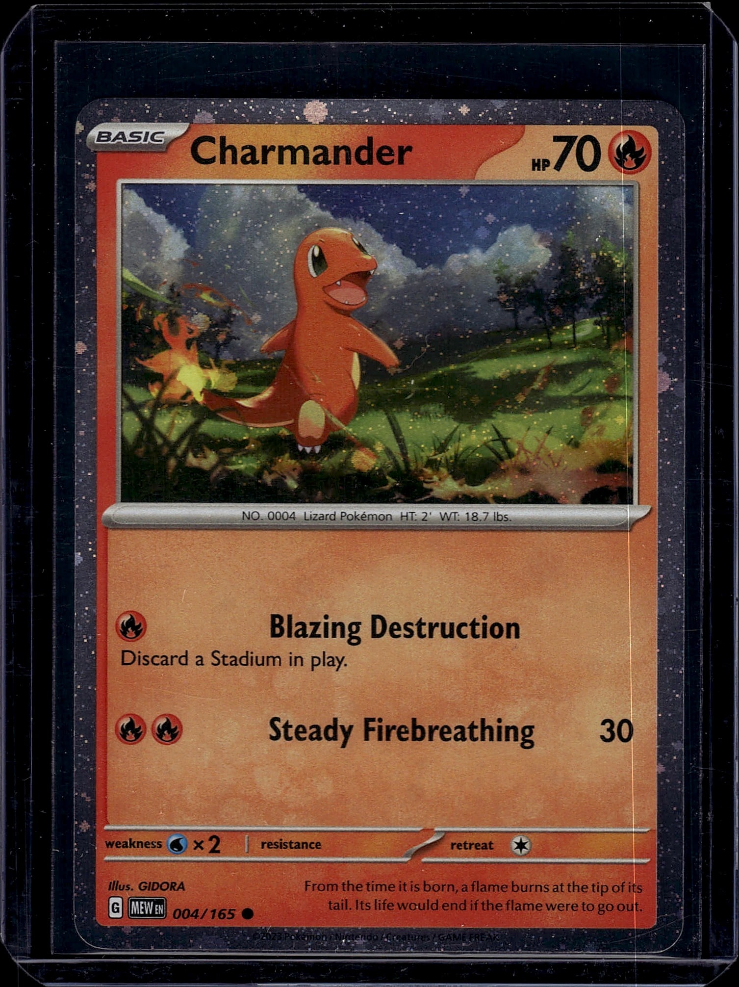Charmander 004/165 Pokemon Base Set Single Card N: This is a raw Pokemon Charmander single card from the Base Set, card number 004/165. Charmander is one of the most iconic Fire-type Pokemon and starter cards, featuring the classic artwork by GIDORA.