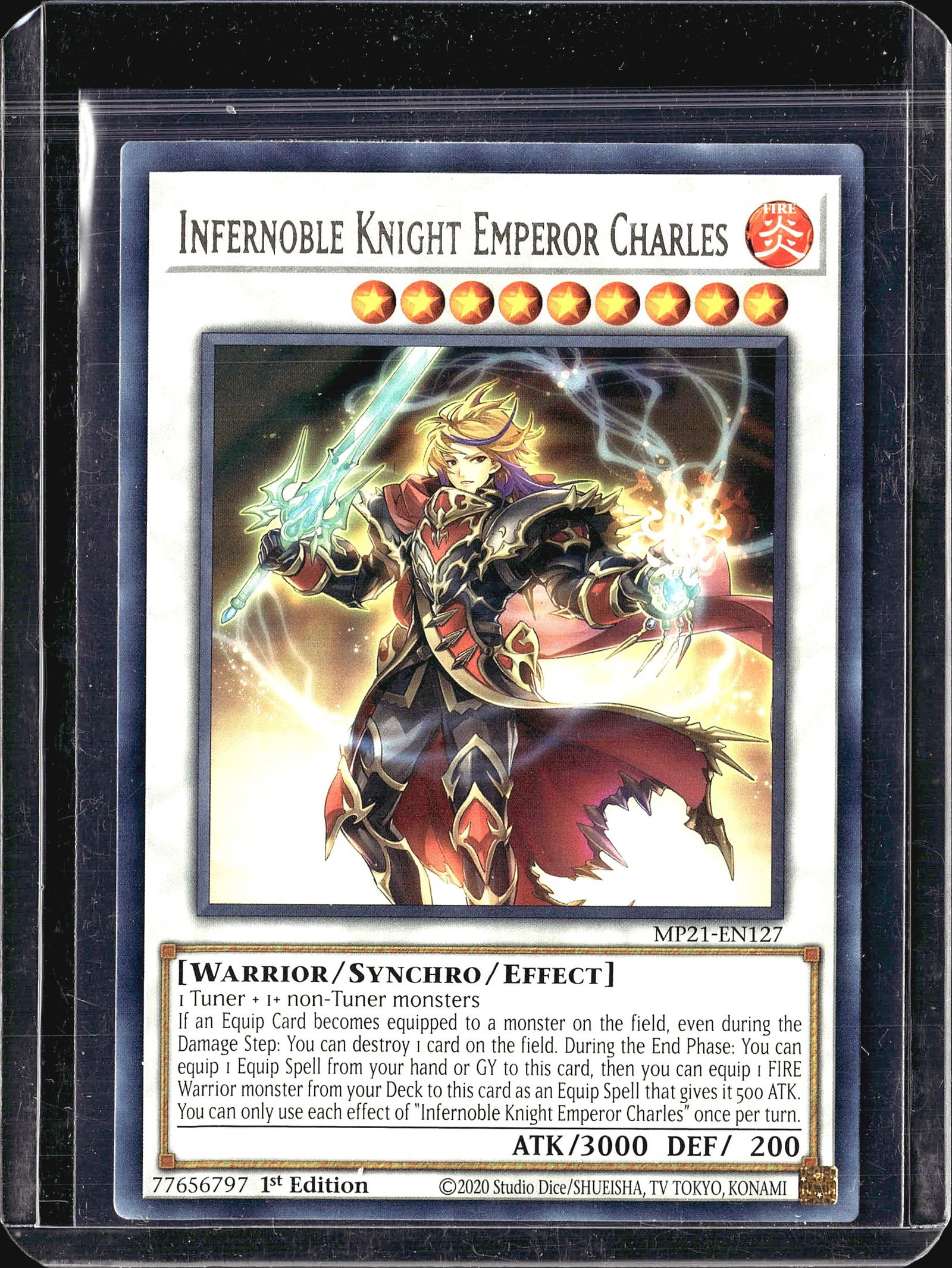 2020 Infernoble Knight Emperor Charles MP21-EN127: This listing features Infernoble Knight Emperor Charles, a FIRE Warrior/Synchro/Effect Monster from the 2021 Yu-Gi-Oh! Mega-Tins Mega Pack (card number MP21-EN127), printed as a 1st Edition. The card
