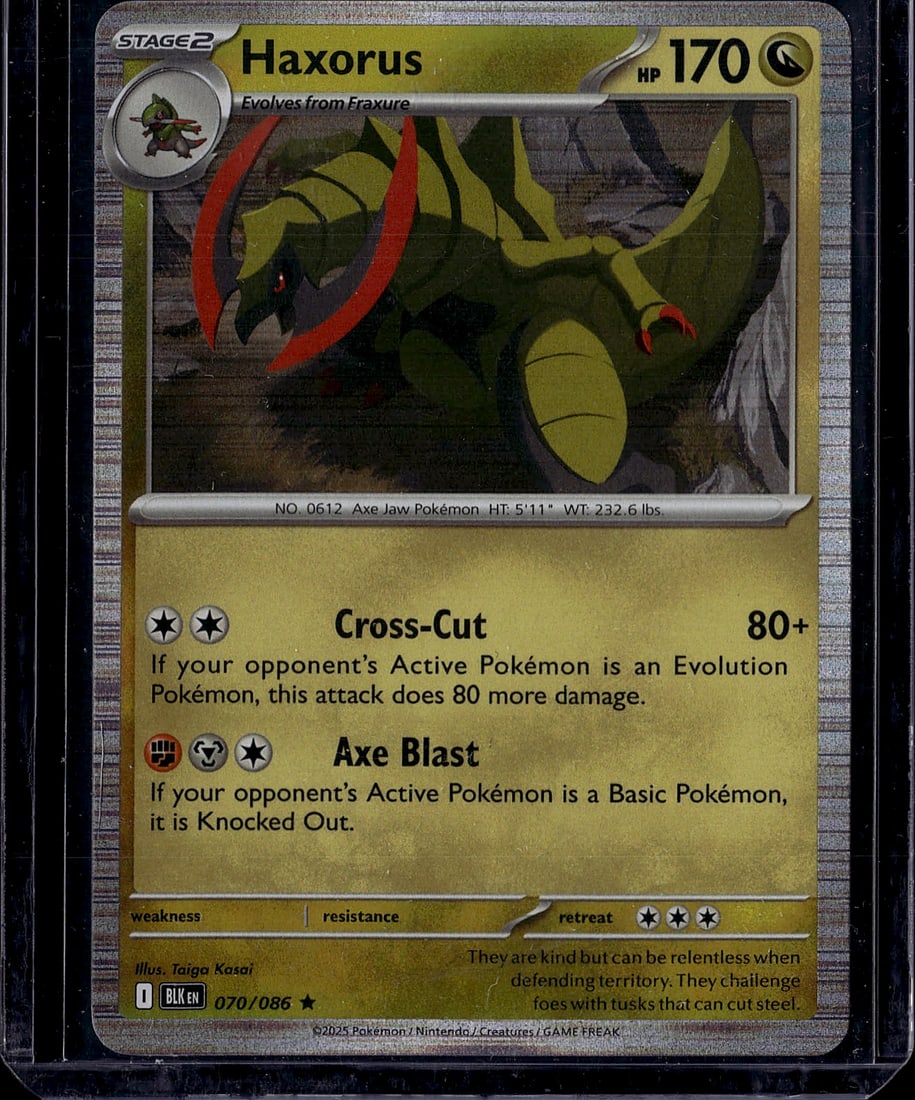 Haxorus 070/086 Pokemon Card Stage 2 Evolution Sc: This is a raw Haxorus Stage 2 Pokemon card from the modern Scarlet & Violet set, card number 070/086. Haxorus is a powerful Grass-type Axe Jaw Pokemon that evolves from Fraxure, featuring 170 HP and