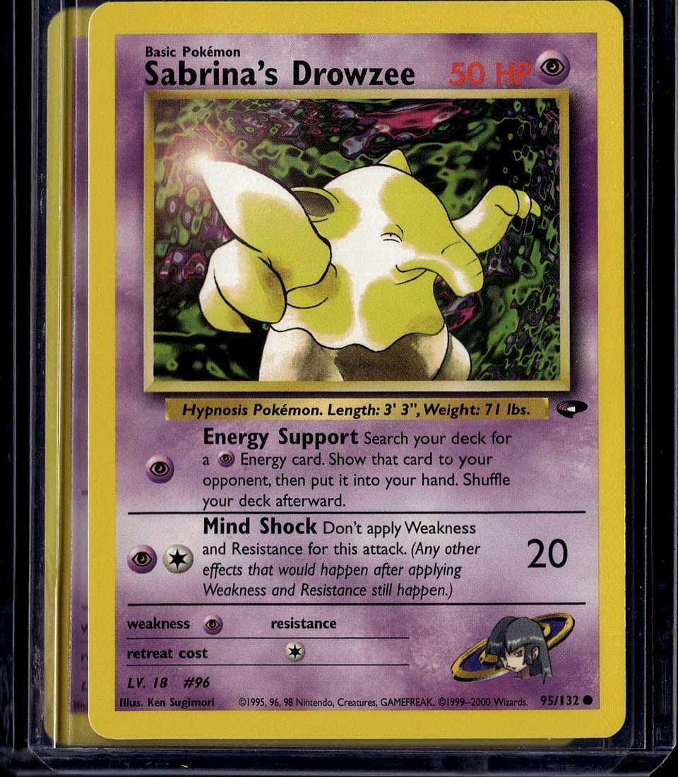Sabrina's Drowzee 95/132 Gym Heroes Pokemon Card: This is a raw Sabrina's Drowzee card from the Gym Heroes set, card number 95/132. Released in 1999 by The Pokemon Company, this Basic Psychic-type Pokemon features Drowzee with 50 HP. The card