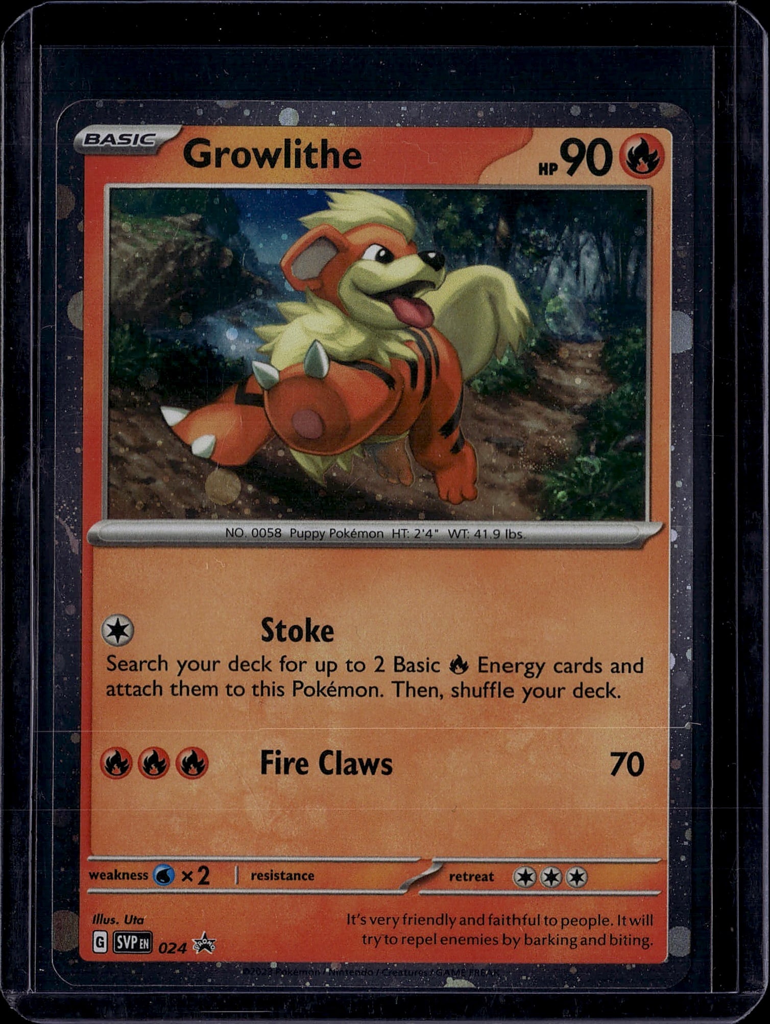 Growlithe #024 Sword & Shield Pokemon Card Single: This is a raw Growlithe #024 Pokemon card from the Sword & Shield set, featuring the beloved Fire-type puppy Pokemon. The card displays Growlithe with 90 HP and includes two classic moves: Stoke