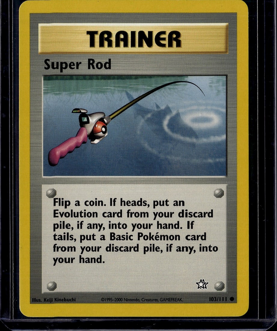 Super Rod Gym Heroes 103/111 Pokemon Trainer Card: This is a raw Pokemon Trainer card from the Gym Heroes set, released in 2000 by The Pokemon Company. The Super Rod is a classic Trainer card featuring artwork by Keiji Kinebuchi that depicts a