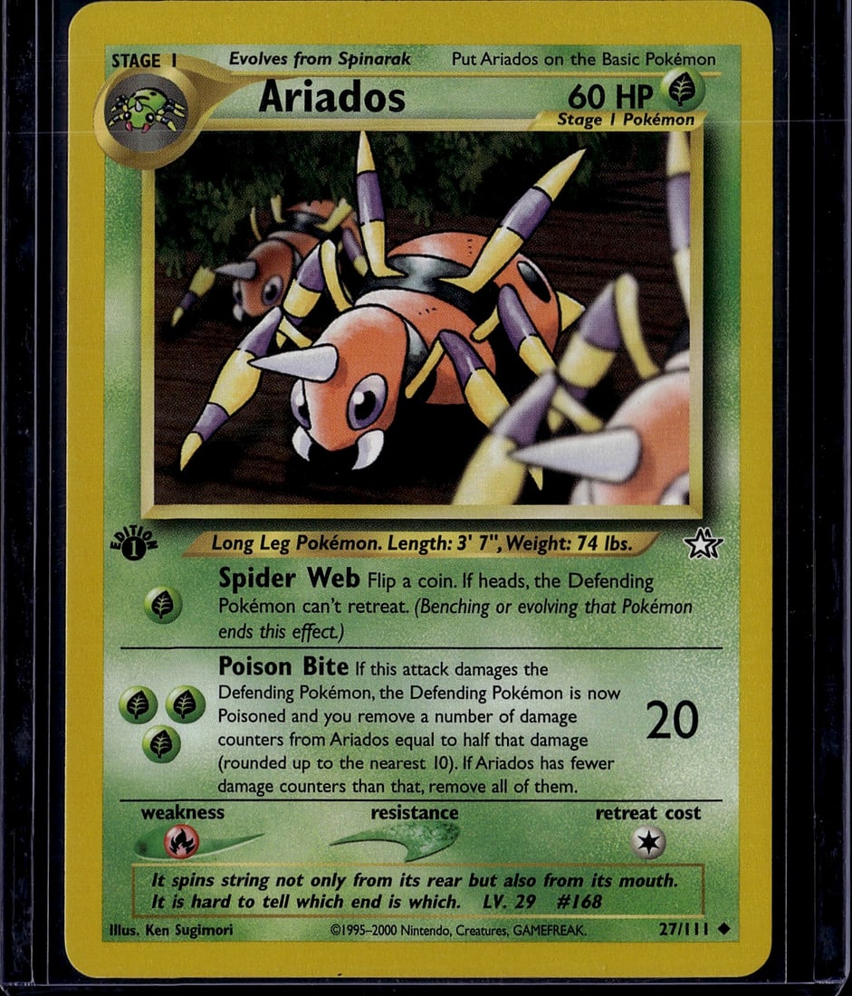 Ariados 27/111 Base Set 1999 Pokemon Card Stage 1: This is an authentic Ariados Pokemon card from the classic Base Set, released in 1999. Card #27/111, this Stage 1 evolution features the spider Pokemon with 60 HP and a grass-type designation. The
