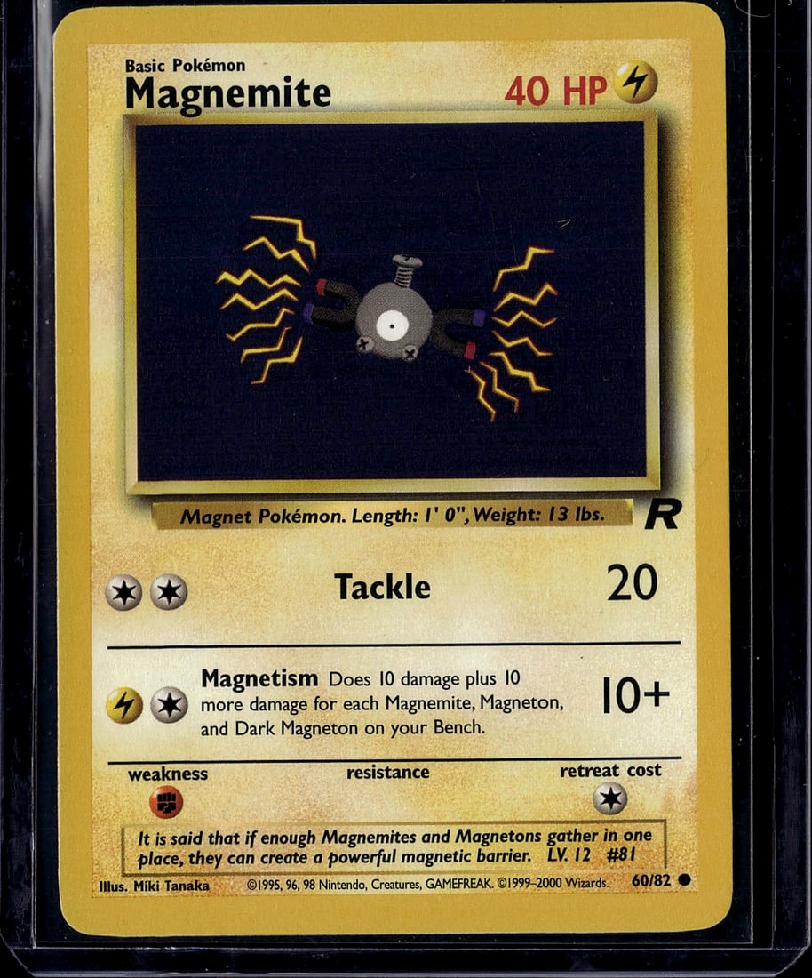 Magnemite Base Set 60/82 Pokemon Card 1999 - Vint: This is an original 1999 Magnemite Pokemon card from the Base Set (card #60/82), published by Wizards of the Coast. It features the iconic electric magnet Pokemon with its distinctive yellow lightning