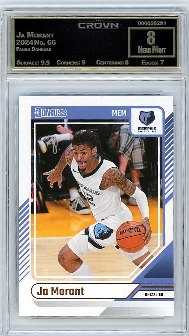 2024 Ja Morant Panini Donruss #66 Crown Graded 8: This is a 2024 Ja Morant trading card from the Panini Donruss set, card number 66. It captures one of the NBA's most dynamic and exciting players during his career. Panini Donruss remains one of the
