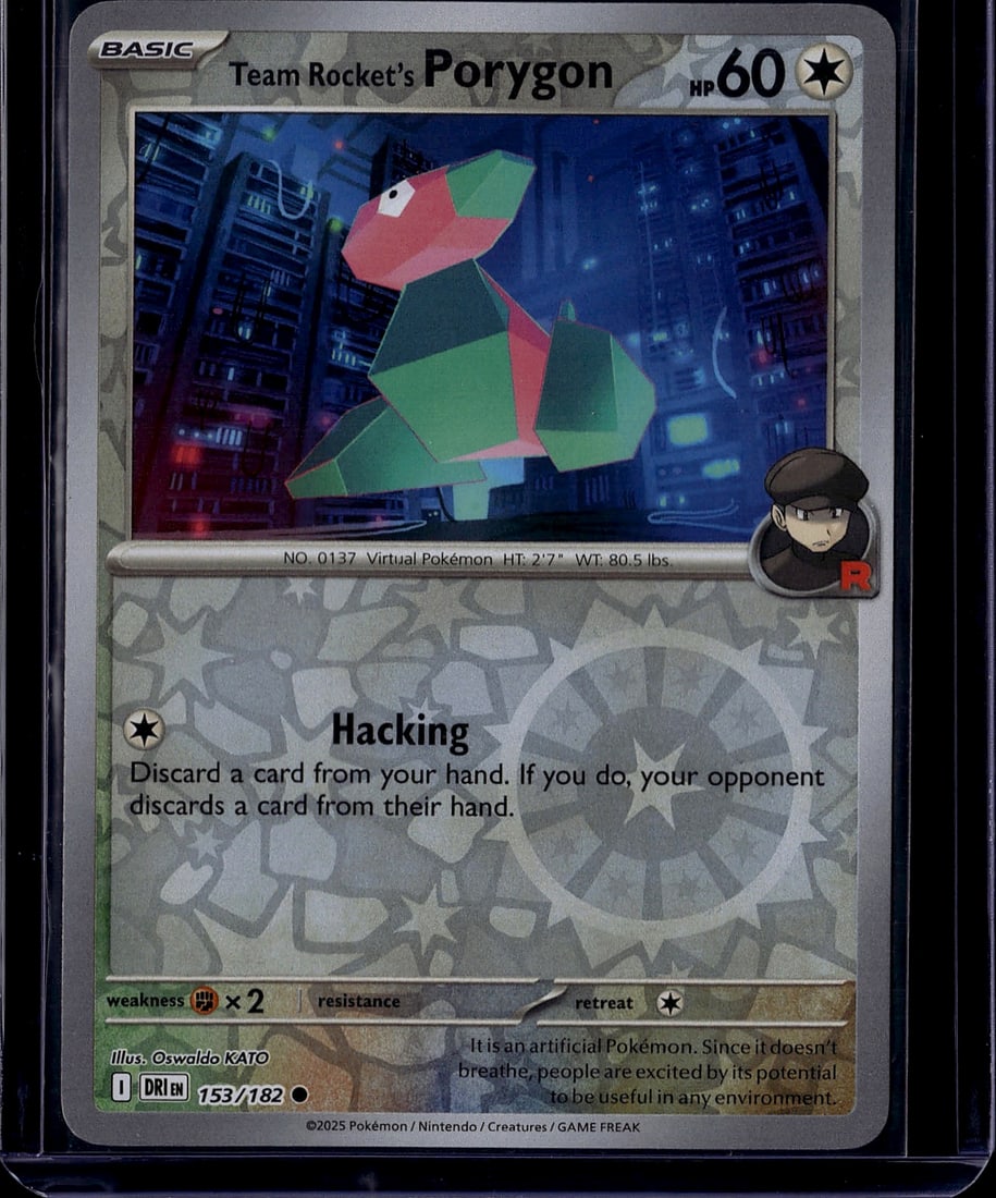 2025 Pokemon Scarlet Violet Destined Rivals Team: Team Rocket's Porygon is a Common Colorless-type card (HP 60) from the Pokemon TCG: Scarlet & Violet-Destined Rivals expansion (SV10), released May 30, 2025. Its attack lets the player discard a card 