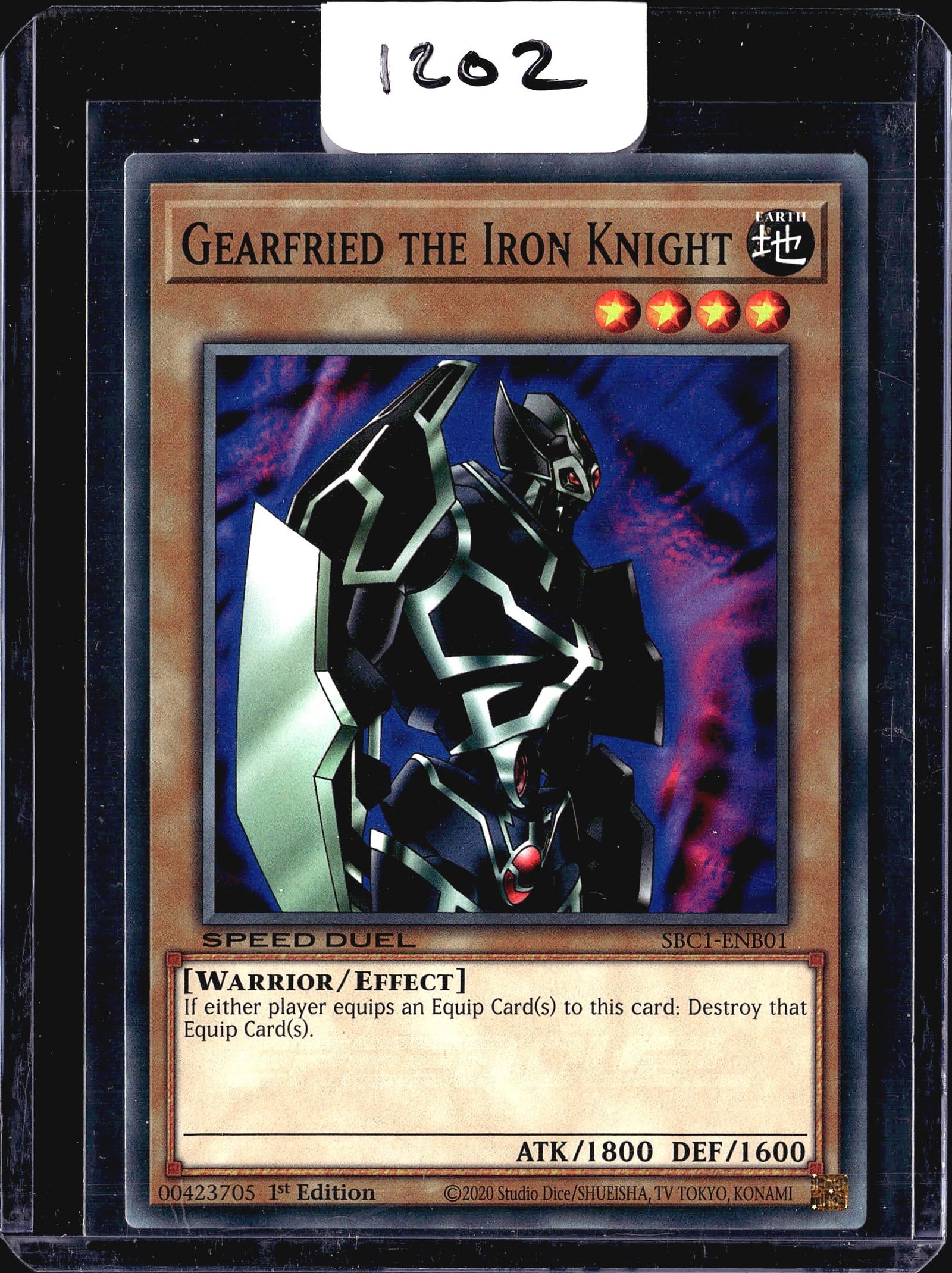 2020 Yu-Gi-Oh Gearfried the Iron Knight SBC1-ENB0: This listing features Gearfried the Iron Knight from the Yu-Gi-Oh! Speed Duel: Scars of Battle set, card number SBC1-ENB01, printed in 2020 by Studio Dice/Shueisha, TV Tokyo, and Konami. The card is a