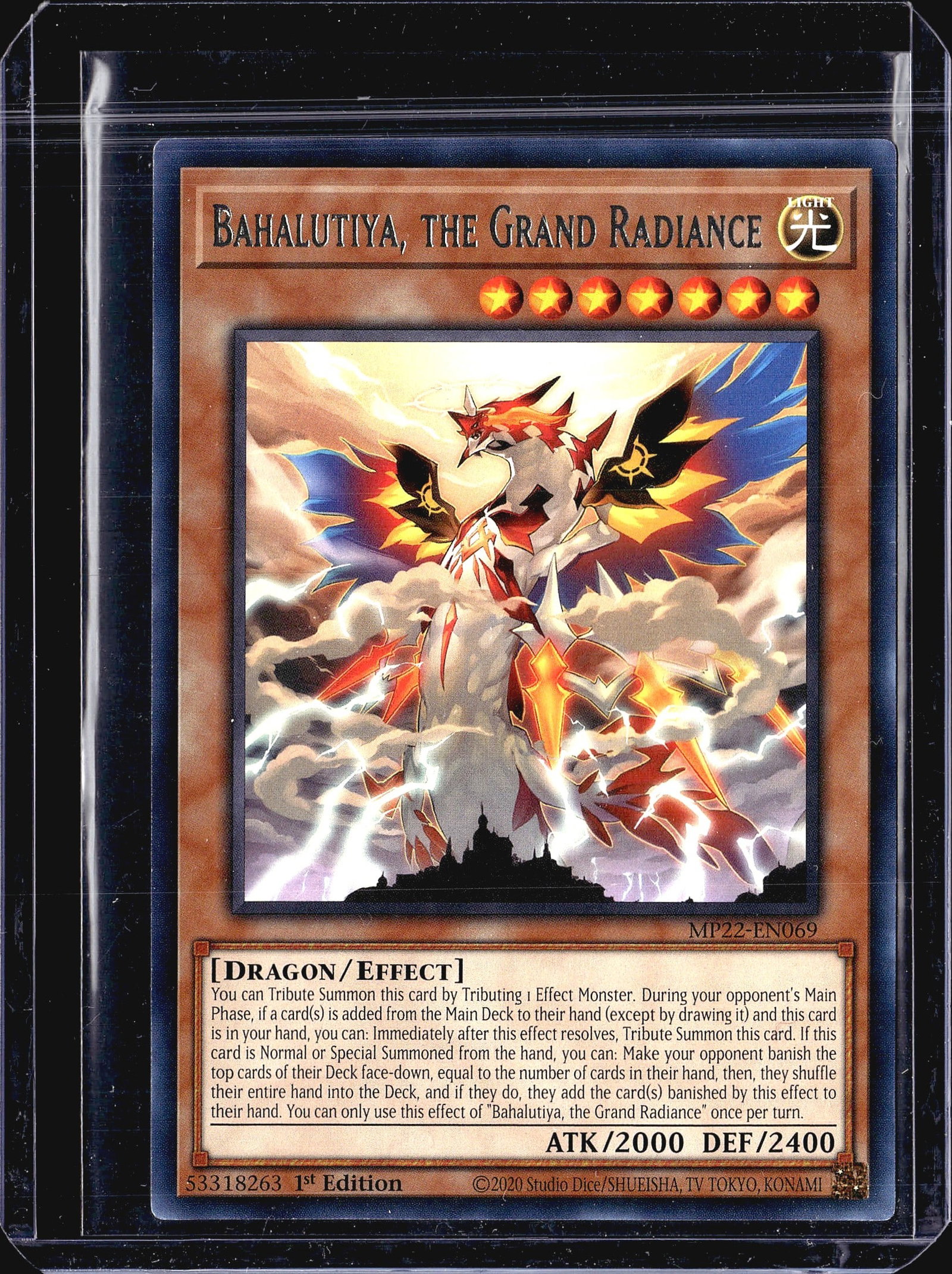2020 Konami Yu-Gi-Oh Bahalutiya Grand Radiance MP: This is a 2020 Konami Yu-Gi-Oh card featuring Bahalutiya, The Grand Radiance from the 2022 Tin of the Pharaoh's Gods set. The card is numbered MP22-EN069. This card appeals to Yu-Gi-Oh players and col