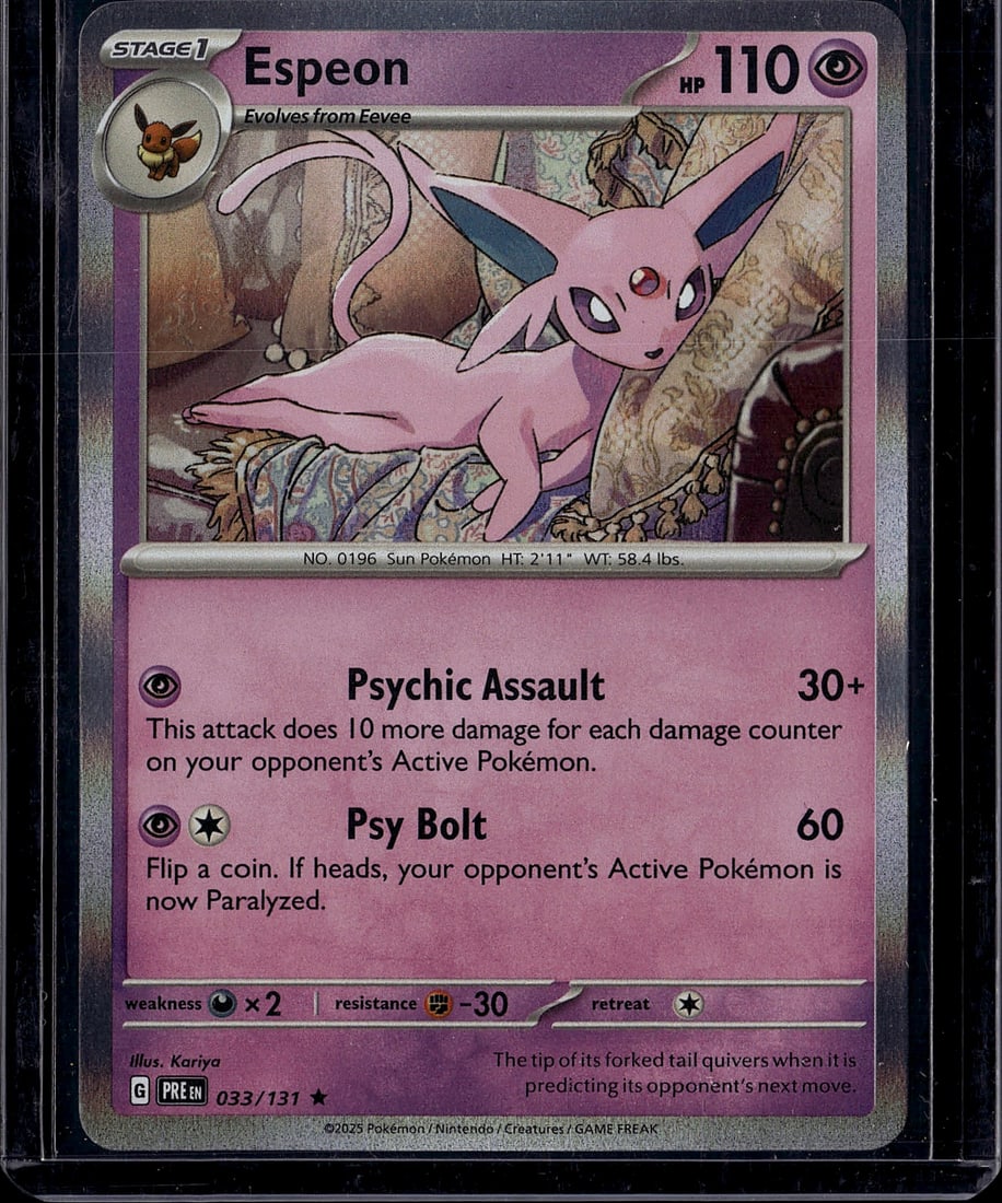Espeon 053/131 Pokemon Scarlet Violet Card - Stag: This is a raw Espeon Stage 1 Pokemon card from the Scarlet & Violet set, card number 053/131. Espeon evolves from Eevee and features 110 HP with two powerful Psychic-type attacks: Psychic Assault (30+