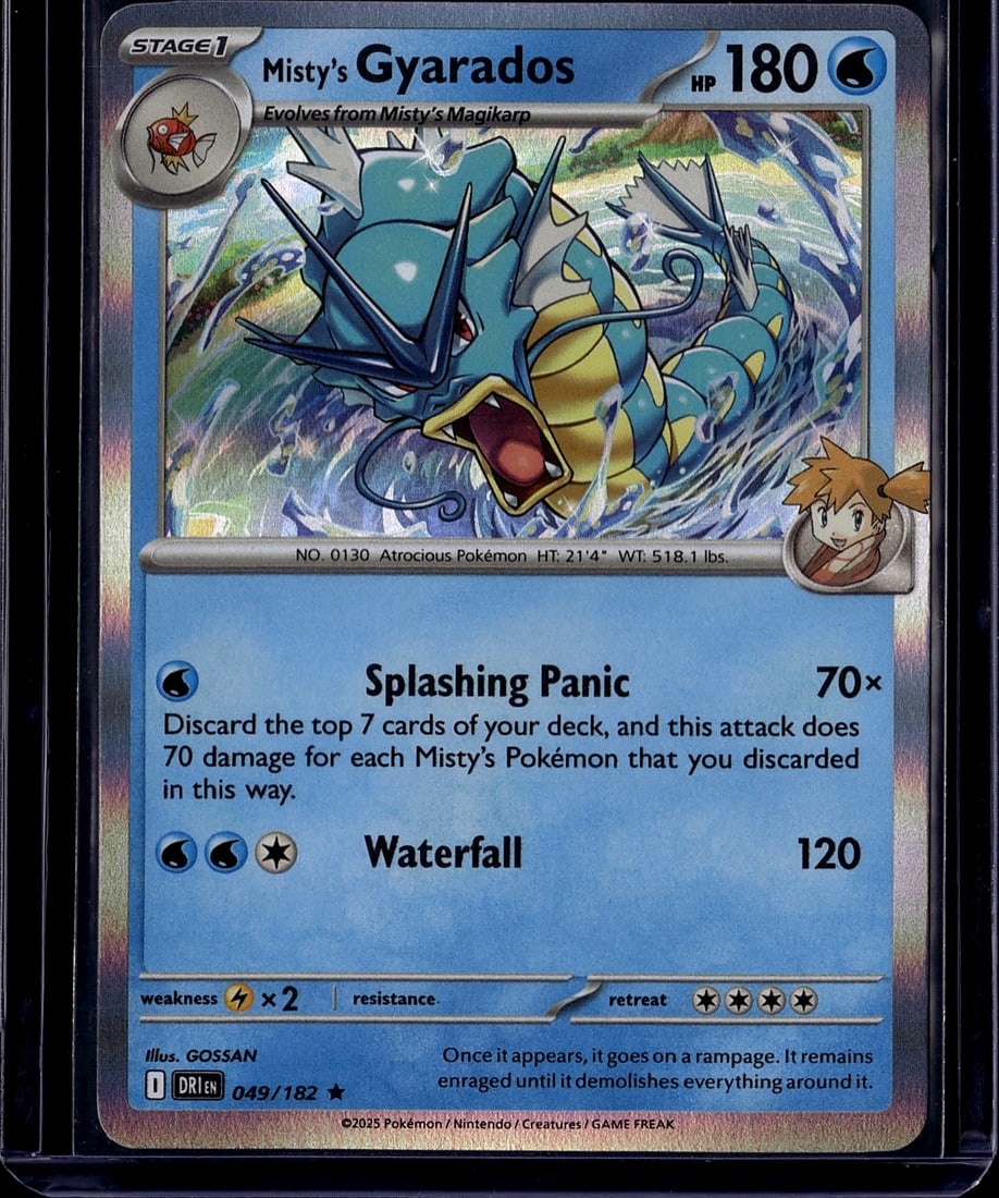 2025 Pokemon Destined Rivals Misty's Gyarados 049: This is a Misty's Gyarados Pokemon trading card from the 2025 Scarlet & Violet expansion set, card number 049/182. The card features a Stage 1 Water-type Pokemon that evolves from Misty's Magikarp, wi