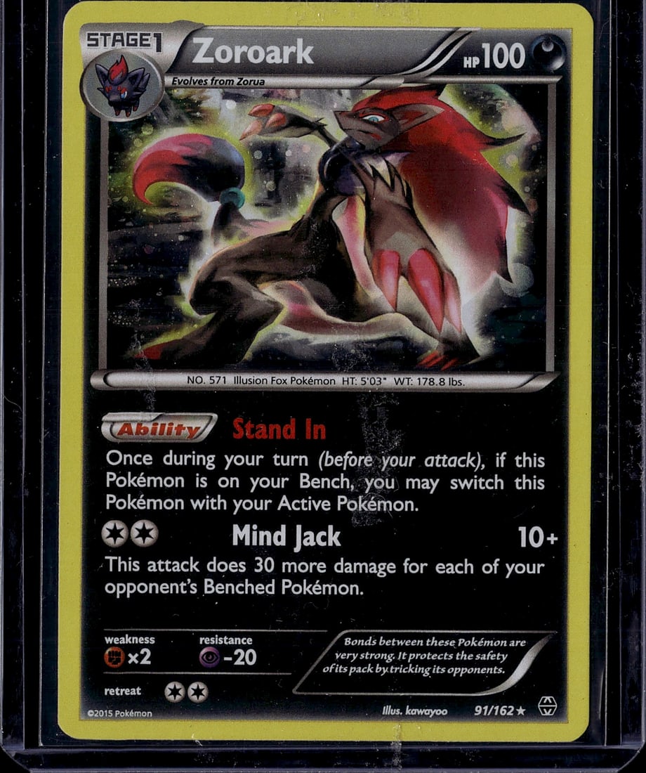 Zoroark 91/162 Breakthrough 2015 Pokemon Card Sta: This is a raw Zoroark Pokemon card from the 2015 Breakthrough set, card number 91/162. Zoroark is a Stage 1 Illusion Fox Pokemon that evolves from Zorua, featuring 100 HP and a striking illustration b