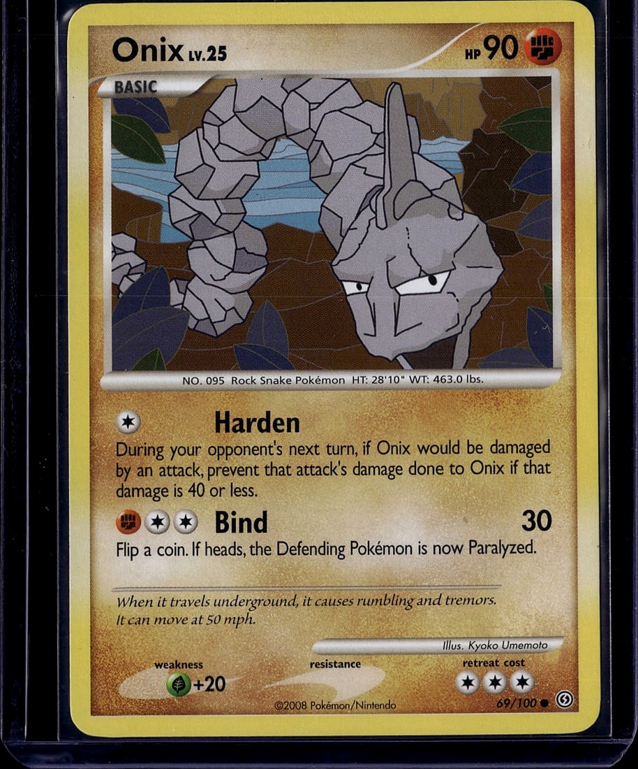 2008 Pokemon Stormfront Onix #69/100 Rock Snake T: This is a 2008 Pokemon Trading Card Game Stormfront set Onix card (#69/100), featuring the Rock Snake Pokemon at Level 25 with 90 HP. The card showcases the classic Kyoko Umemoto illustration and disp