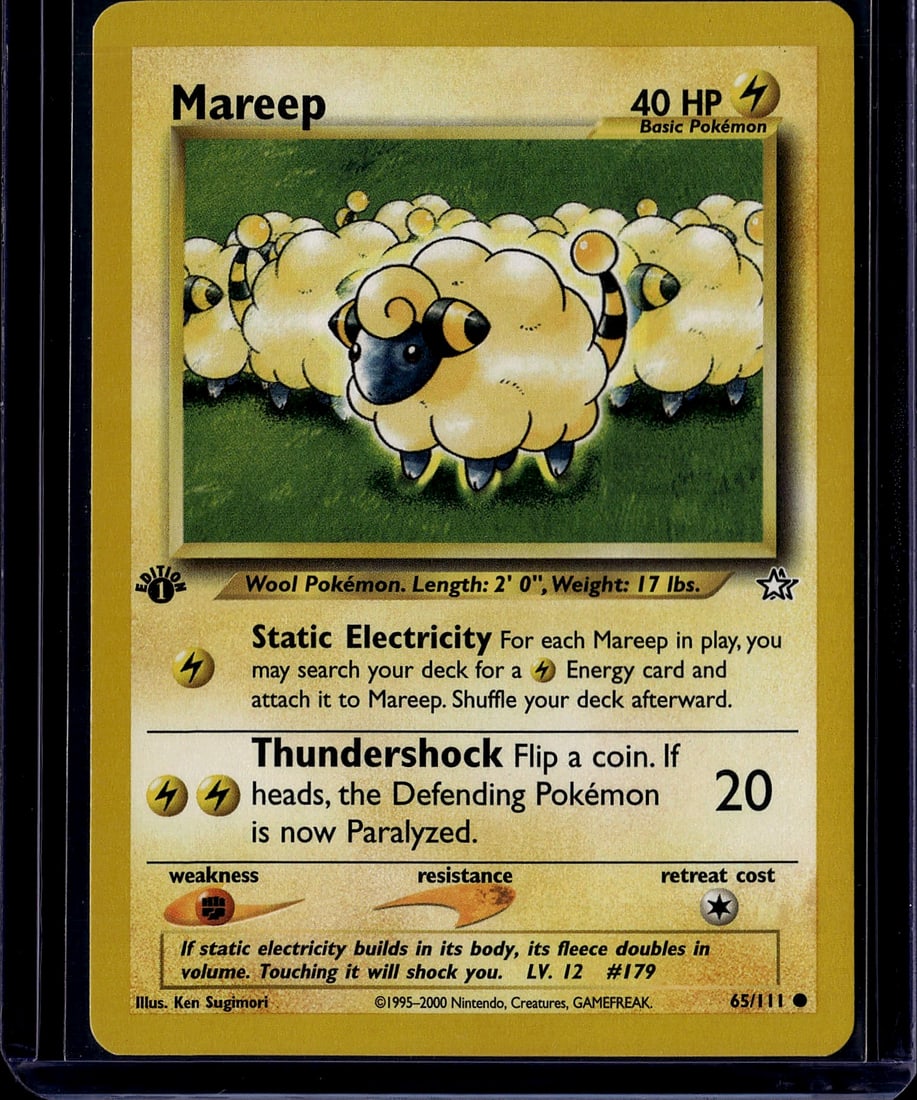 2000 Pokemon Neo Genesis Mareep 65/111 Near Mint: This is an authentic Mareep Pokemon Trading Card from The Pokemon Company's Base Set, card number 65/111. Mareep is a Basic Electric-type Pokemon with 40 HP, featuring the iconic Ken Sugimori illustra