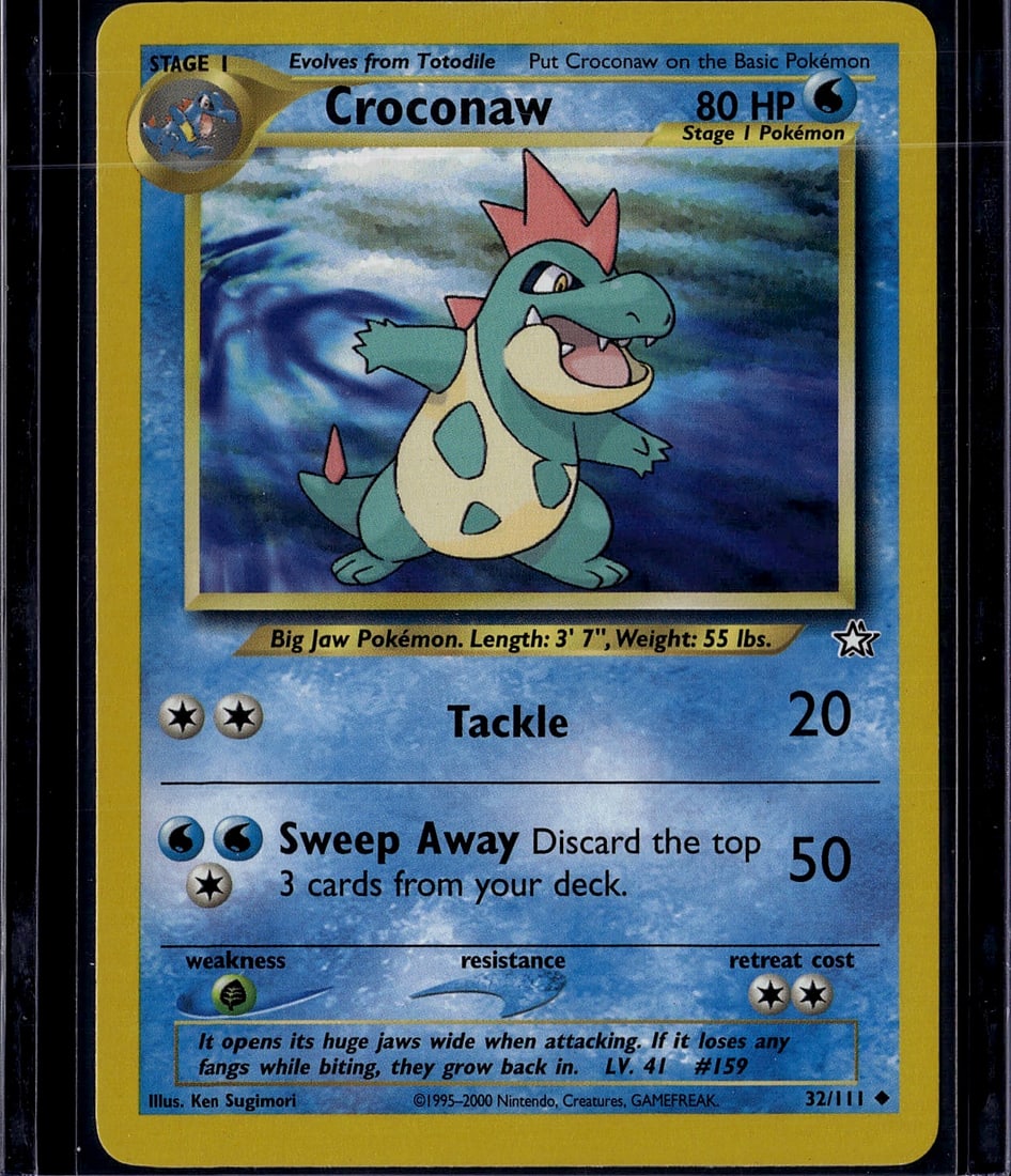 Croconaw 32/111 Neo Genesis Stage 1 Pokemon Card: This is an ungraded raw Croconaw Pokemon card from the Neo Genesis set, card number 32/111. As a Stage 1 Pokemon that evolves from Totodile, Croconaw features 80 HP and displays the classic Ken Sugimo