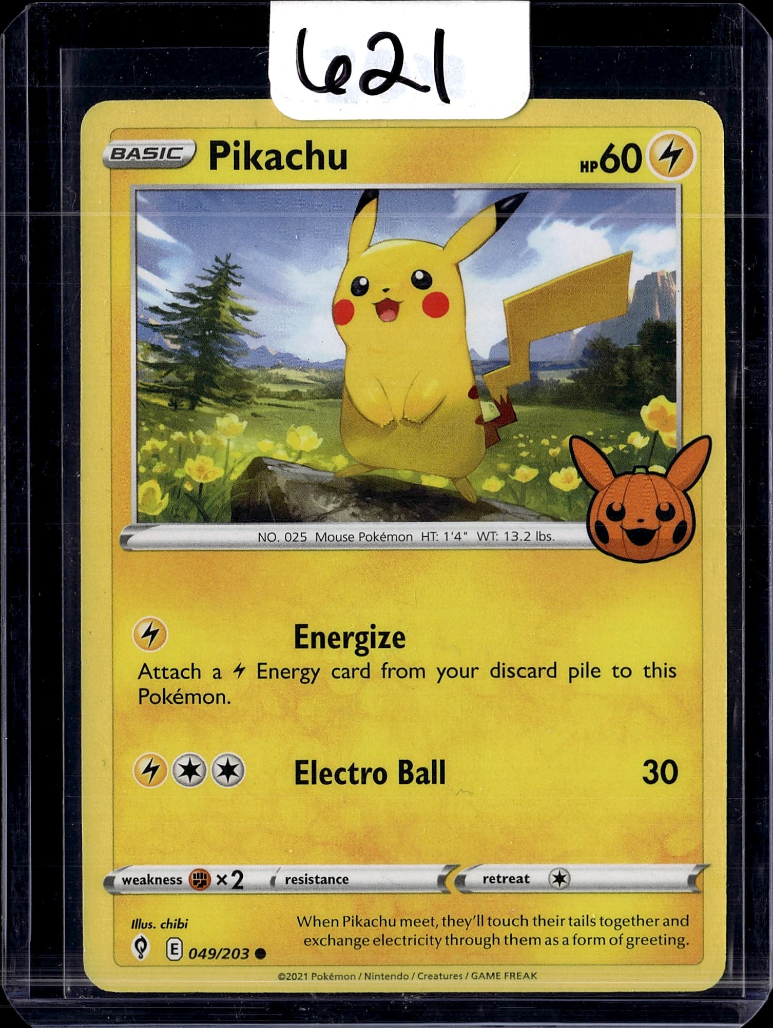 2021 Pokemon Silver Tempest Pikachu 049/203 Card: This is a raw, ungraded 2021 Pokemon Trading Card Game Pikachu Basic Pokemon card, card number 049/203. Pikachu is the iconic Electric-type Mouse Pokemon (No. 025), standing 1'4" tall and weighing 13.