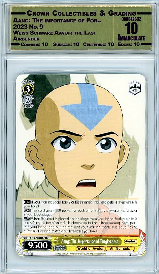2023 Aang: The importance of For.. Weiss Schwarz: Graded by Crown Grading. Grade: 10.00. Immaculate