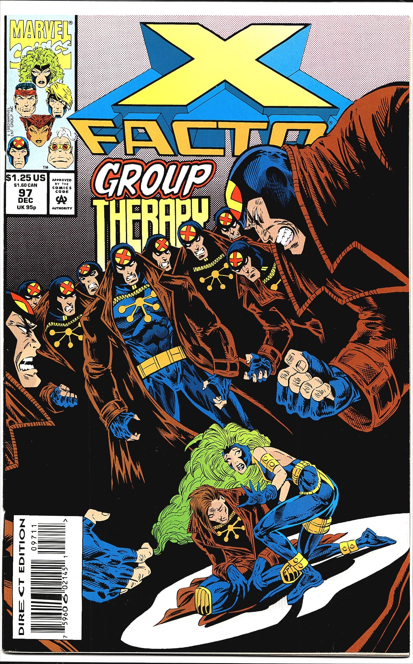 X-Factor #97 Marvel Comics 1993 Group Therapy Dir: X-Factor #97 published by Marvel Comics, cover dated December 1993, Direct Edition. This issue features the cover story titled 'Group Therapy,' depicting multiple versions of an X-Factor team member