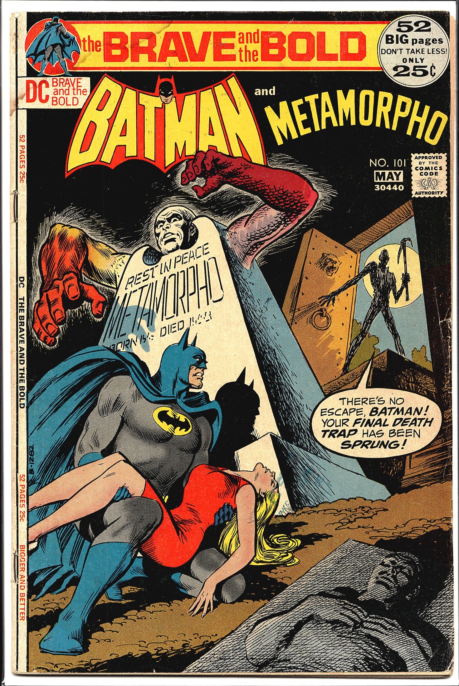 1972 DC The Brave and the Bold #101 Batman Metamo: DC Comics' The Brave and the Bold #101, dated May 1972, featuring Batman and Metamorpho in a team-up story. The cover depicts Batman cradling a fallen woman before a gravestone reading 'Rest in Peace 