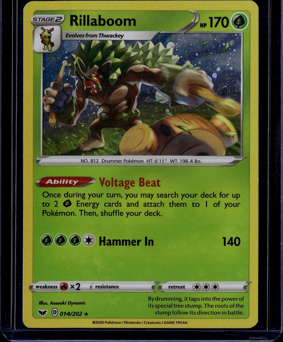 Rillaboom 014/202 Stage 2 Pokemon Card Sword & Sh: This is a raw Rillaboom Pokemon trading card (No. 812, the Drummer Pokemon) from the 2020 Sword & Shield set, card number 014/202. Rillaboom is a Stage 2 Grass-type Pokemon that evolves from