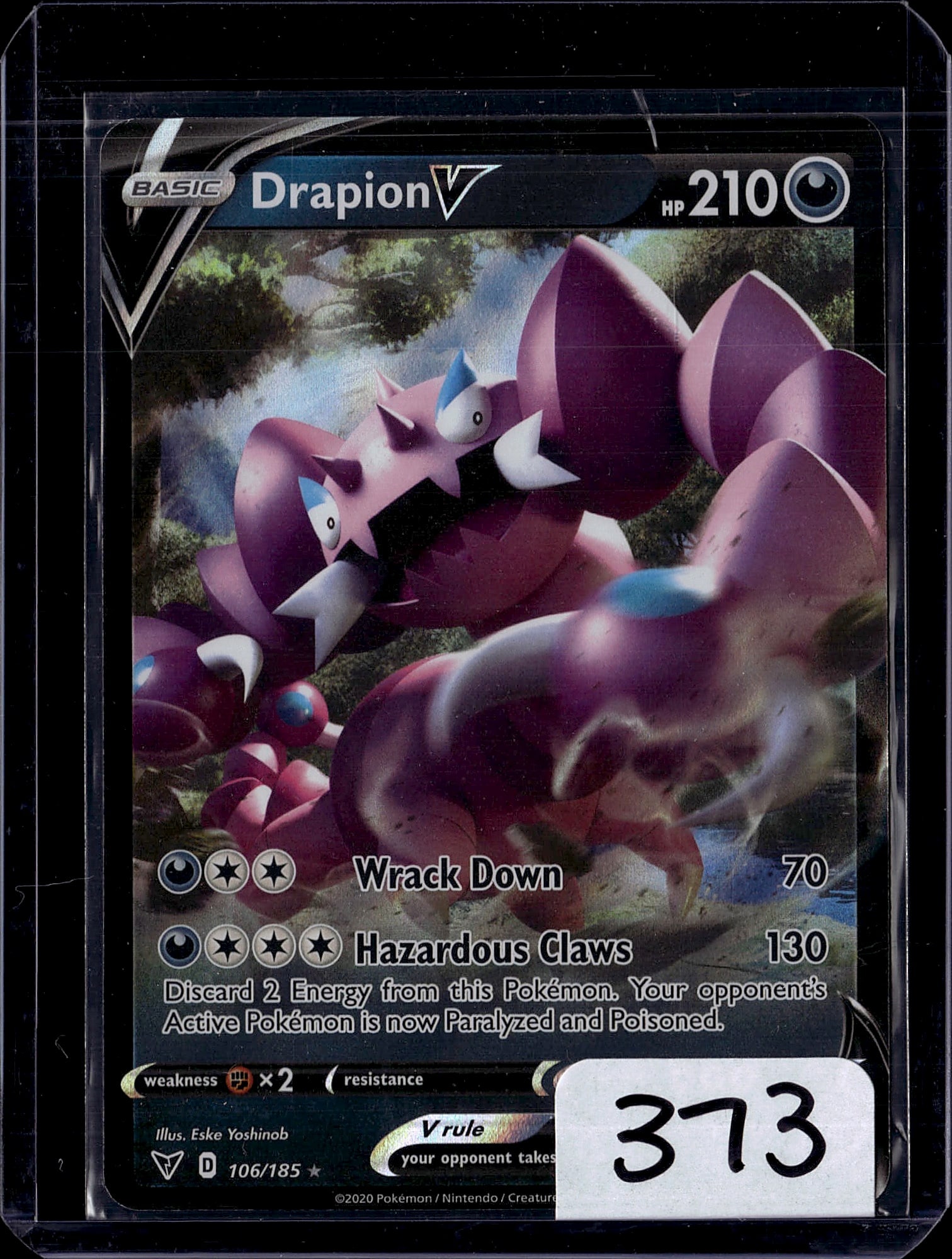 2020 Pokemon Drapion V 106/185 Sword & Shield Bas: This is a 2020 Pokemon Trading Card Game Drapion V Basic Pokemon card from the Sword & Shield expansion set, numbered 106/185. The card features stunning full-color artwork of multiple Drapion charact
