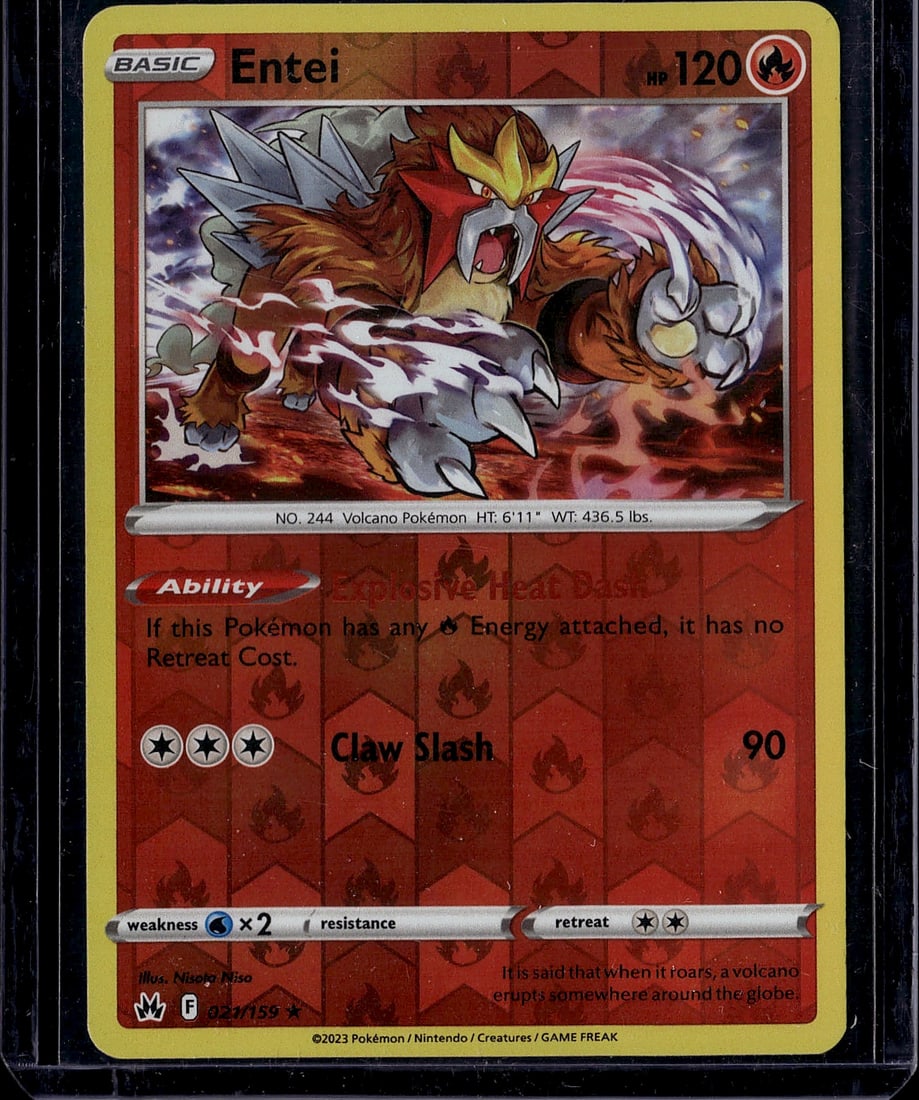Entei Pokemon Card #244/159 Scarlet & Violet Basi: This is a raw Pokemon Trading Card Game single featuring Entei, the legendary Volcano Pokemon (No. 244). Printed in 2023 as part of the Scarlet & Violet set, this Basic Fire-type card features 120 HP 