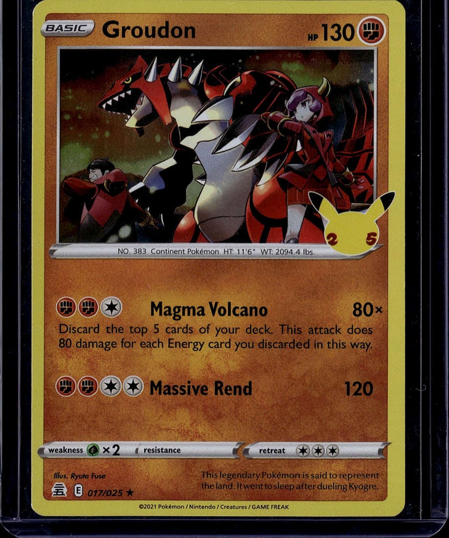 2021 Pokemon Chilling Reign Groudon 017/025 Basic: This is a 2021 Pokemon Chilling Reign Basic Groudon card (017/025) featuring the legendary continent Pokemon. The card displays Groudon's iconic red and black coloring with impressive artwork by Ryota
