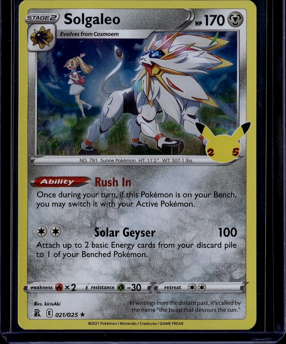 2021 Pokemon Chilling Reign Solgaleo 021/025 Stag: This is a raw 2021 Pokemon Chilling Reign Solgaleo card (021/025), featuring the powerful Stage 2 metal-type Pokemon that evolves from Cosmoem. The card displays excellent artwork by kirisAki showing 