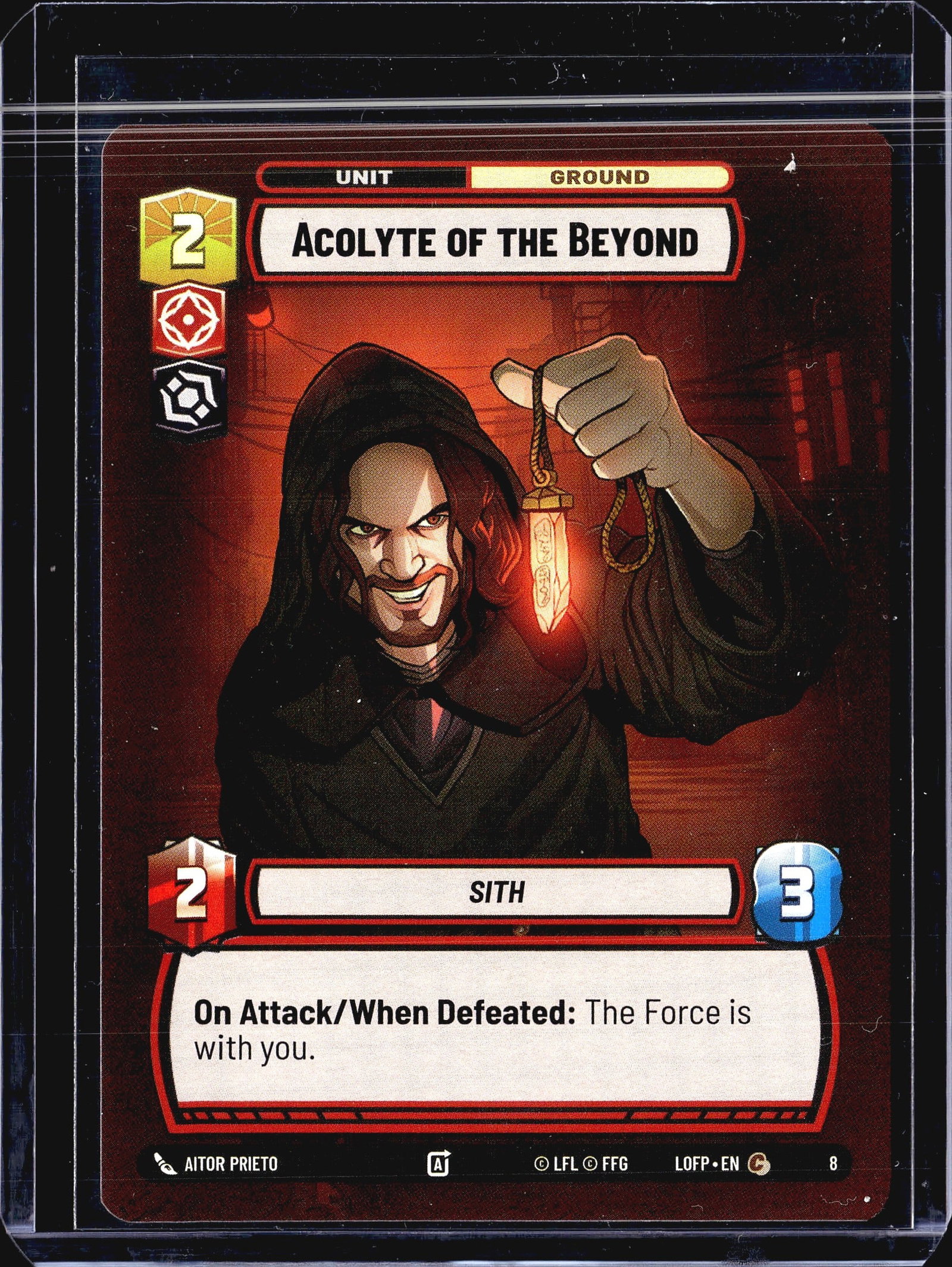 2024 FFG Legends of the Force #129 Acolyte of the: This listing is for the Acolyte of the Beyond (card #8) from the Star Wars Unlimited trading card game set Legends of the Force (LOFP). This is a Ground Unit card of the Sith type with a cost of 2,